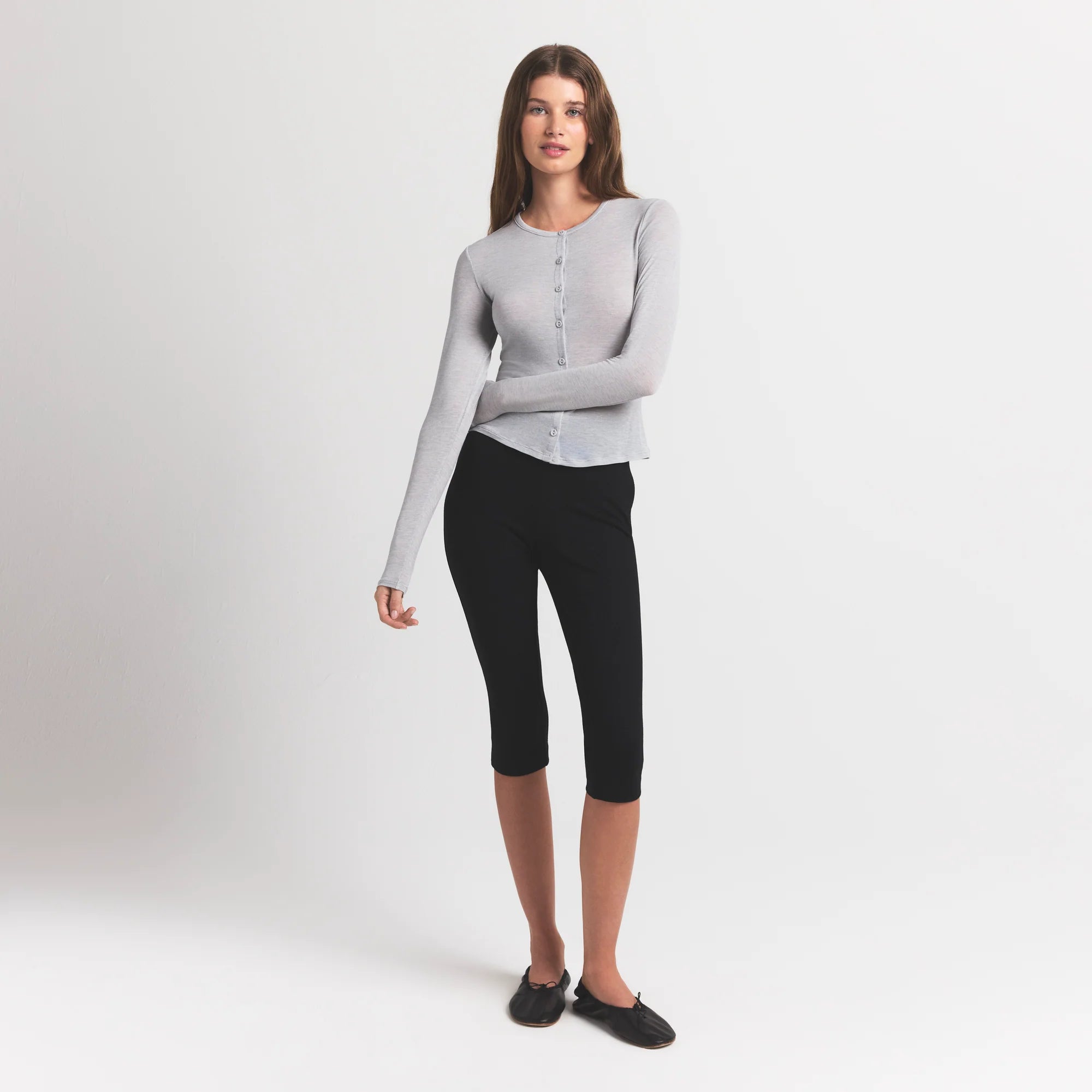 SHEER MODAL CARDIGAN WITH COVERED BUTTONS | HEATHER GREY