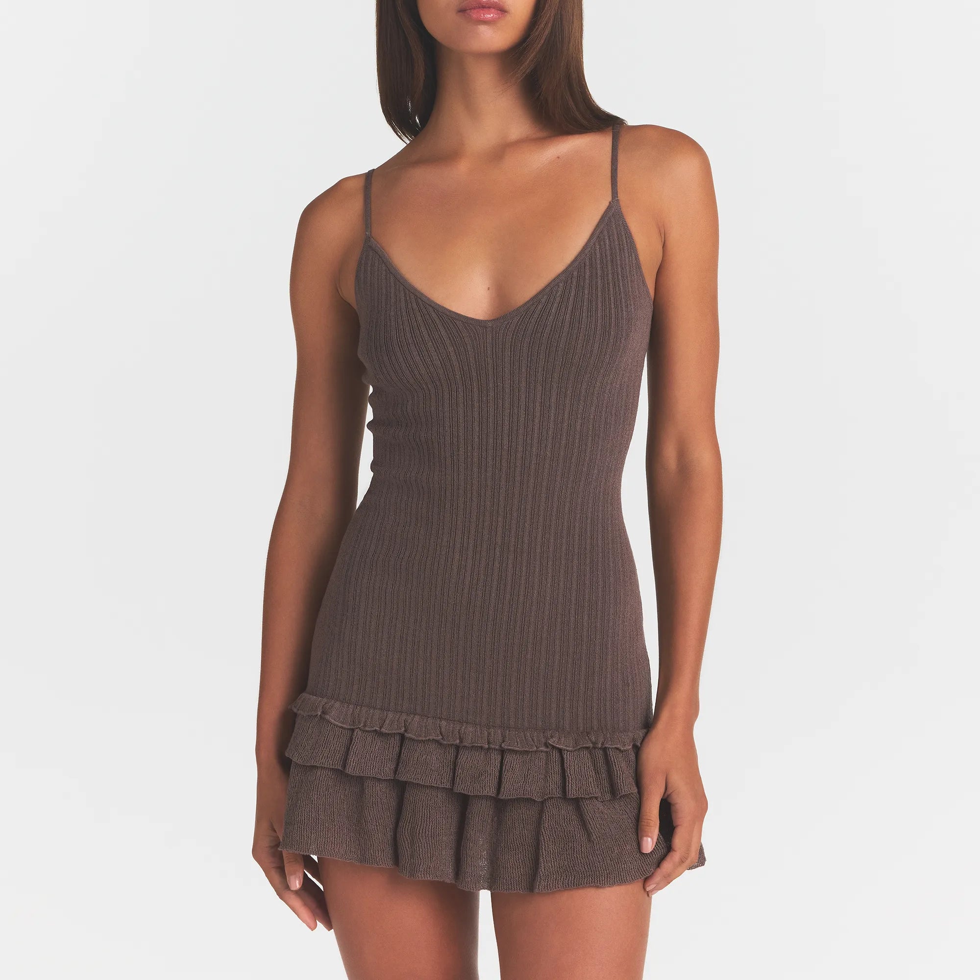 SHEER KNIT RUFFLE DRESS | AMETHYST
