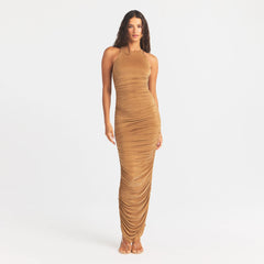 CUPRO JERSEY RUCHED LONG DRESS | ALMOND