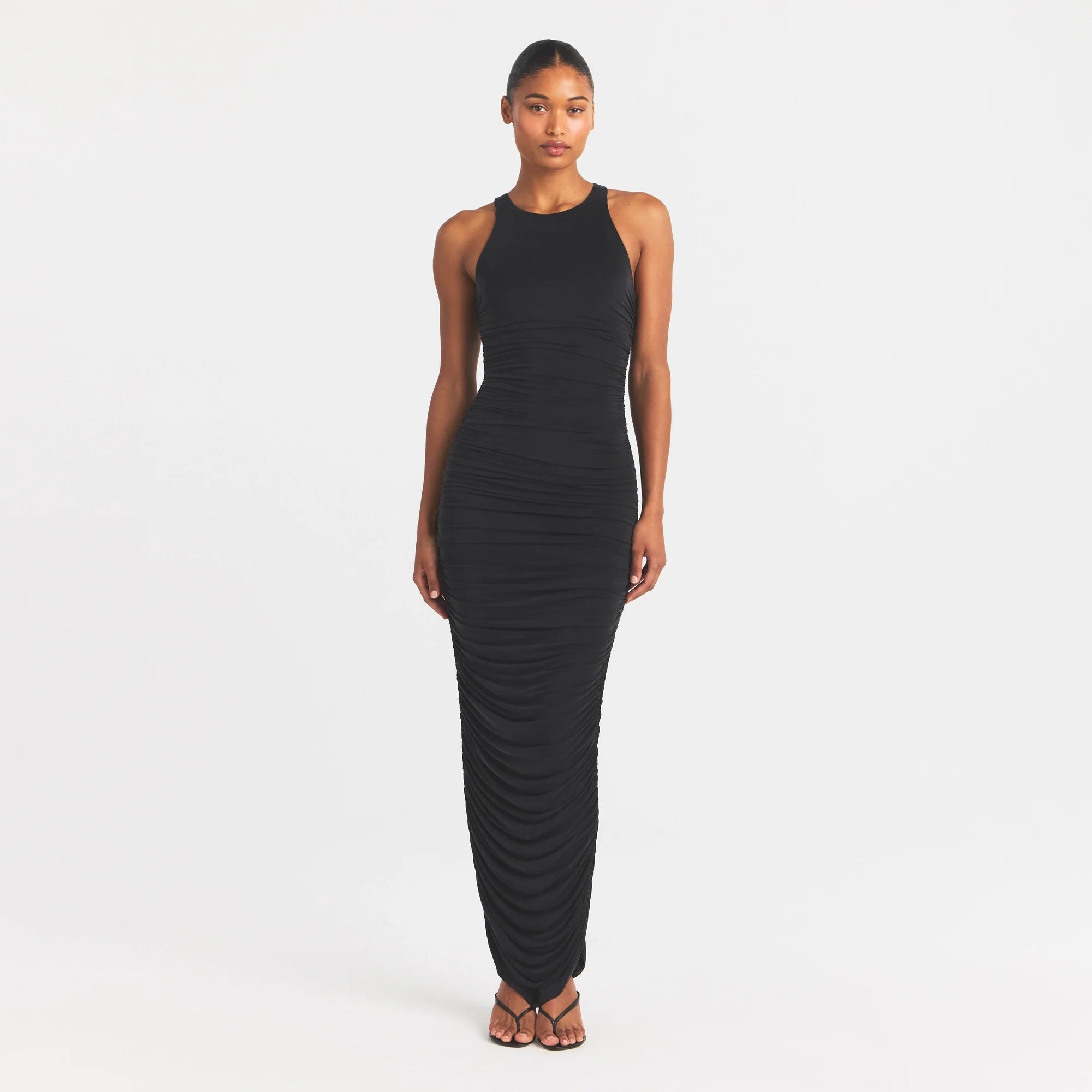 CUPRO JERSEY RUCHED LONG DRESS | OBSIDIAN