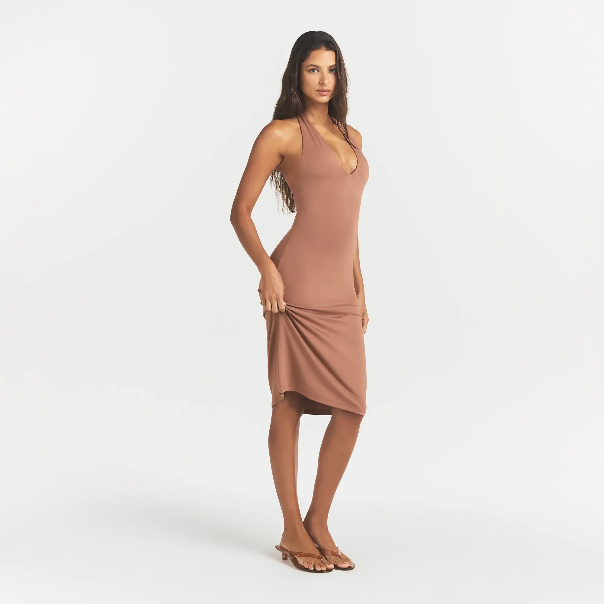 SMOOTH LAYERS PLUNGE HALTER MIDI DRESS | NUTMEG