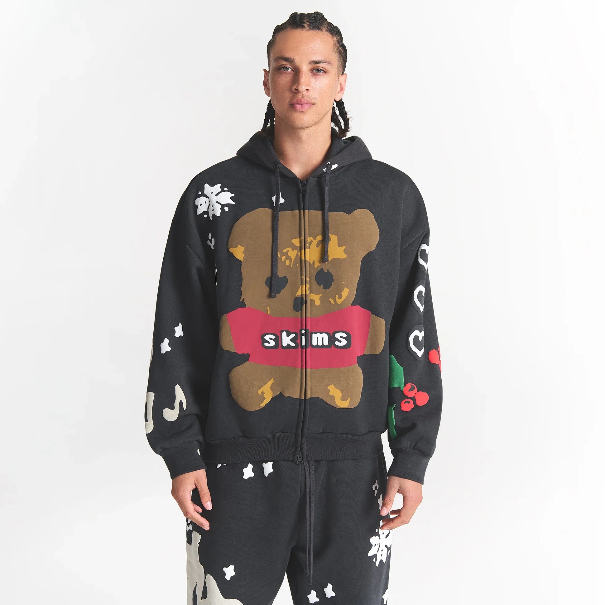 CACTUS PLANT FLEA MARKET X SKIMS HEAVYWEIGHT FLEECE MENS RELAXED ZIP UP HOODIE | ONYX TEDDY BEAR PRINT
