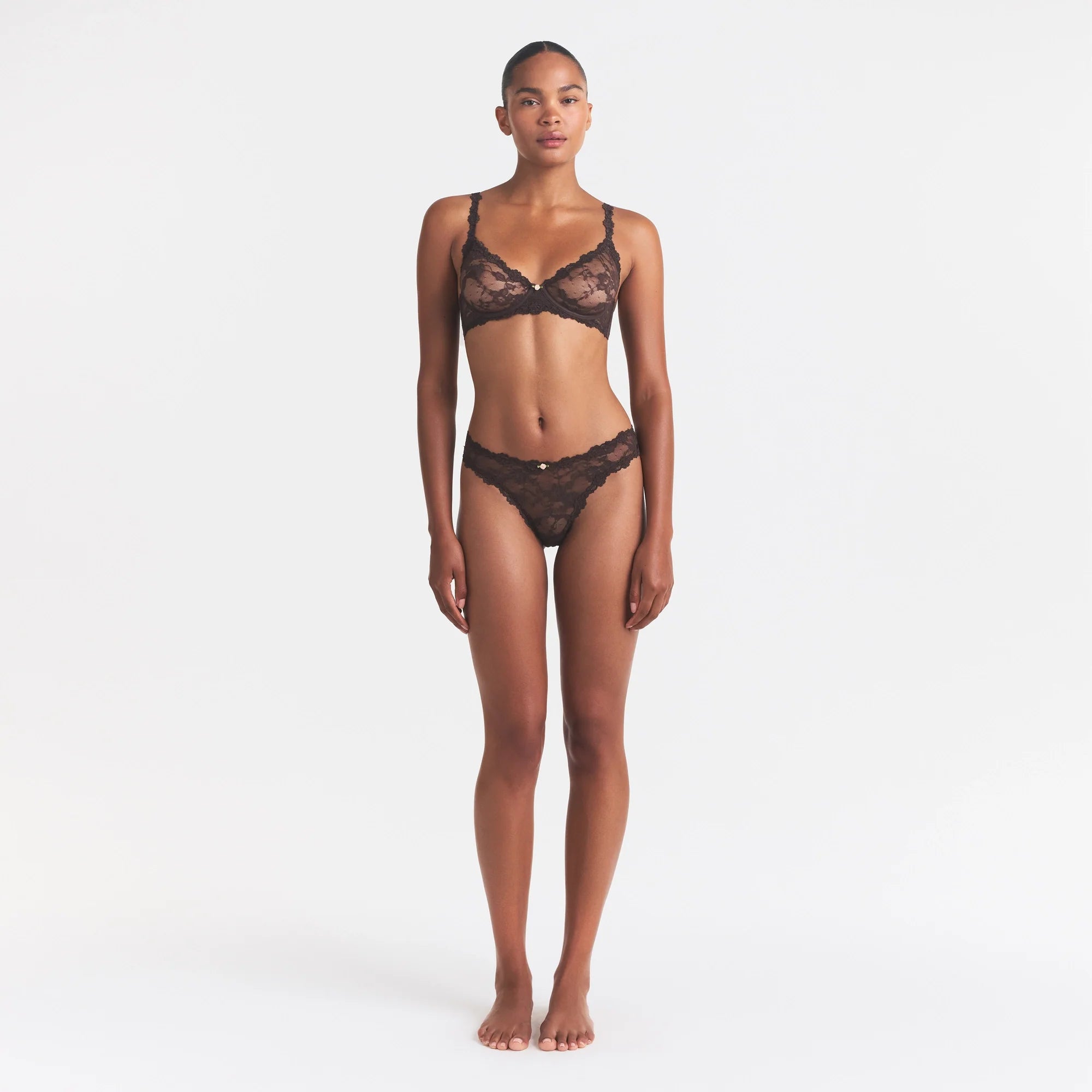 STRETCH LACE DIPPED THONG | ESPRESSO