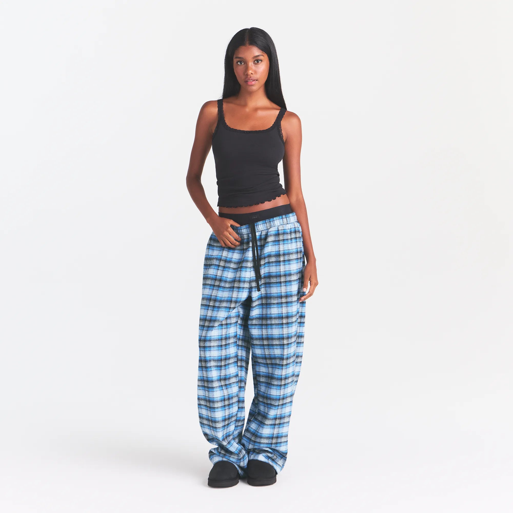 OUTDOOR FLANNEL OVERSIZED DOUBLE WAISTBAND PANT | AZURE PLAID