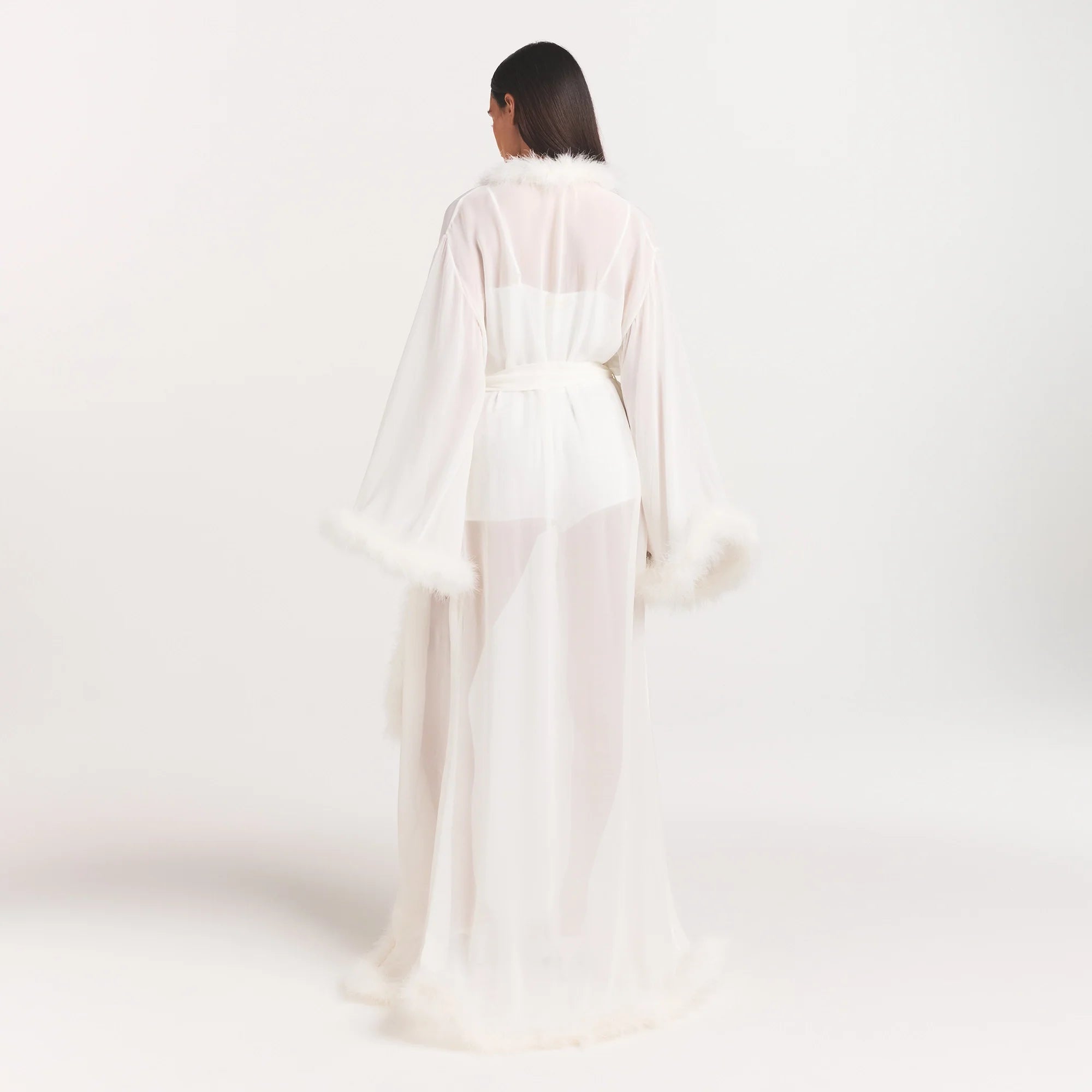 BRIDAL SLEEP FEATHER TRIM LONG ROBE | IVORY