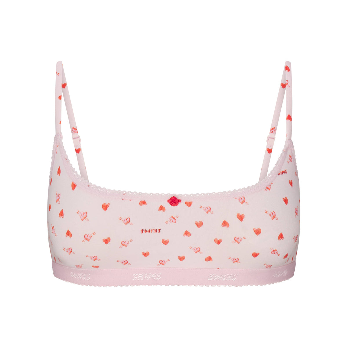 LIGHTWEIGHT COTTON LOGO PICOT SCOOP BRALETTE | BABY PINK ARROWED HEARTS