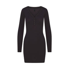 WOOL RIB HENLEY DRESS | OBSIDIAN