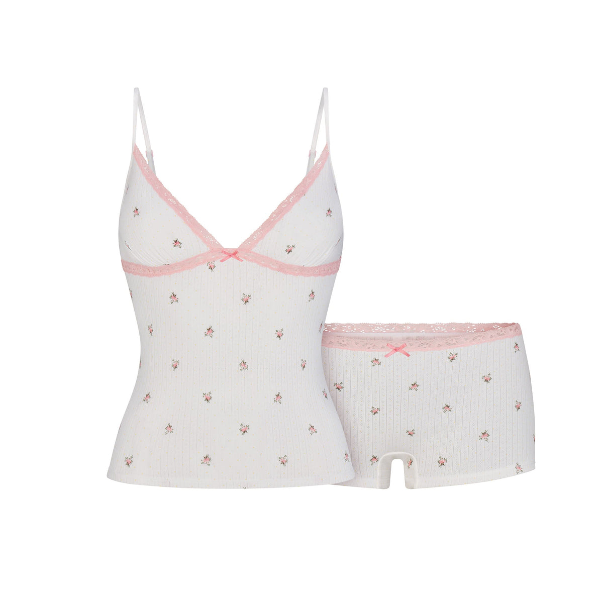 LIGHTWEIGHT COTTON POINTELLE LACE CAMI AND BOY SHORT SET | SNOW MICRO DOT FLORAL