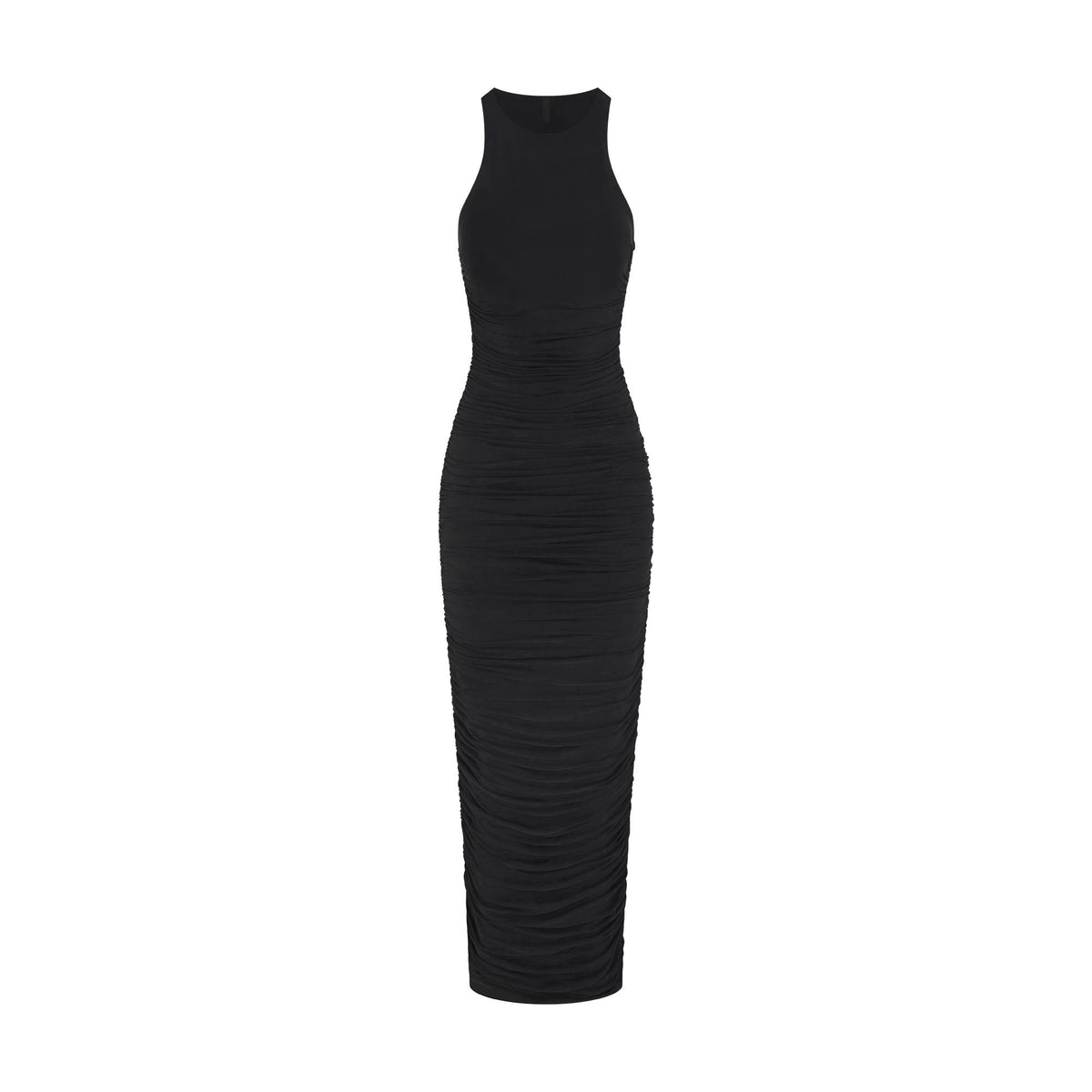 CUPRO JERSEY RUCHED LONG DRESS | OBSIDIAN