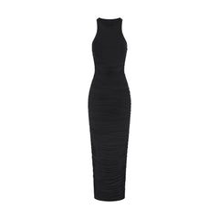 CUPRO JERSEY RUCHED LONG DRESS | OBSIDIAN