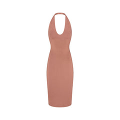 SMOOTH LAYERS PLUNGE HALTER MIDI DRESS | NUTMEG