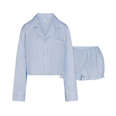 COTTON POPLIN SLEEP CROPPED BUTTON UP AND BLOOMER SET | MARINA MESH STRIPE