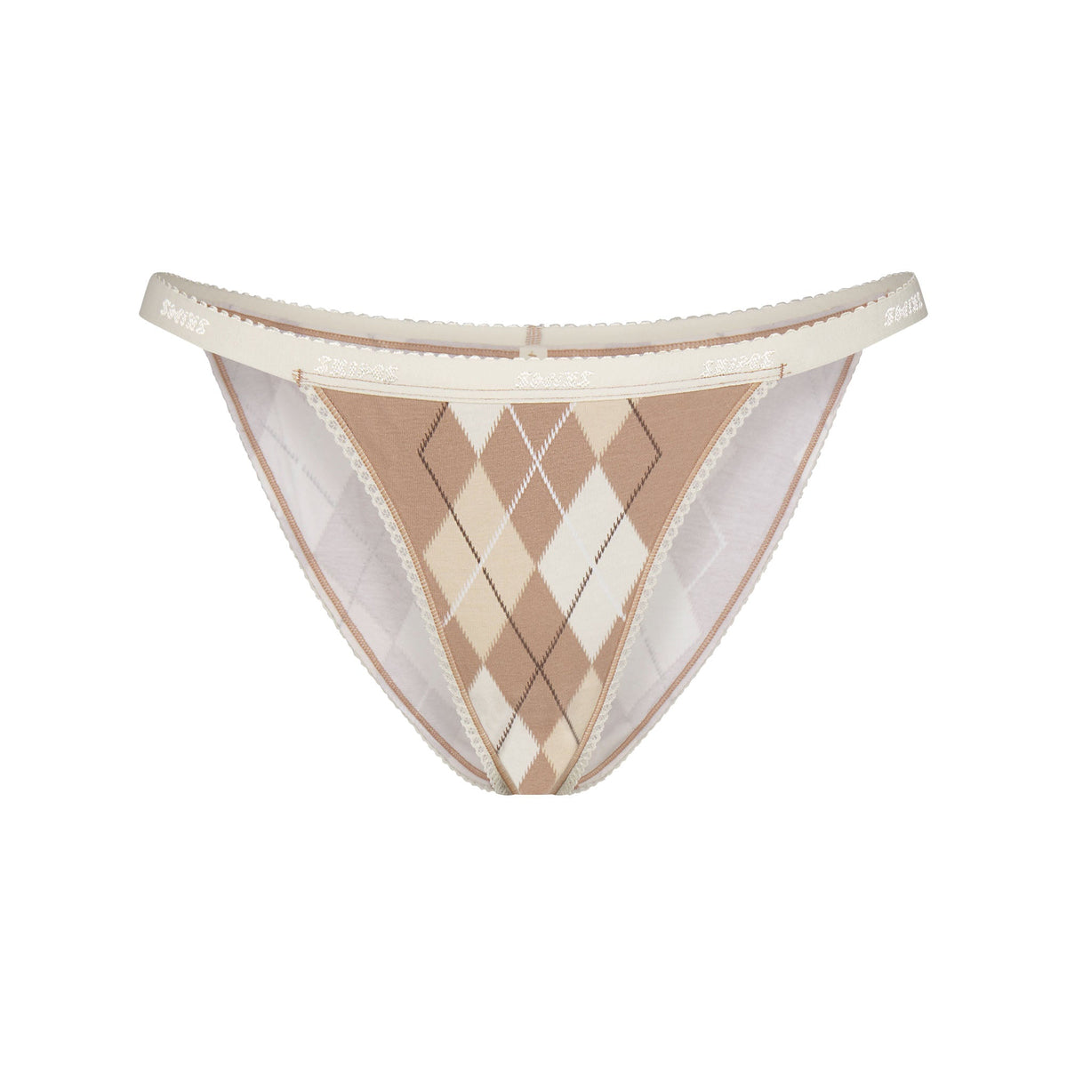 LIGHTWEIGHT COTTON LOGO PICOT STRING BIKINI | CAFE ARGYLE PRINT