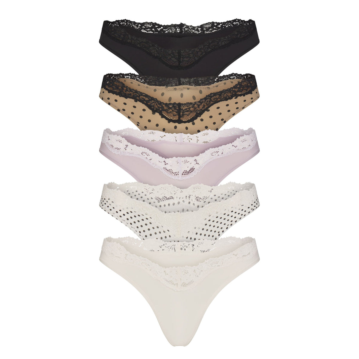 FITS EVERYBODY LACE DIPPED THONG 5-PACK | NEUTRAL DOT MULTI
