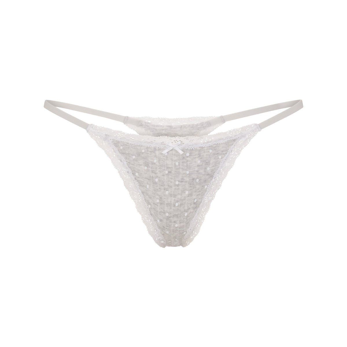 LIGHTWEIGHT COTTON POINTELLE LACE STRING THONG | LIGHT HEATHER GREY PIN DOT