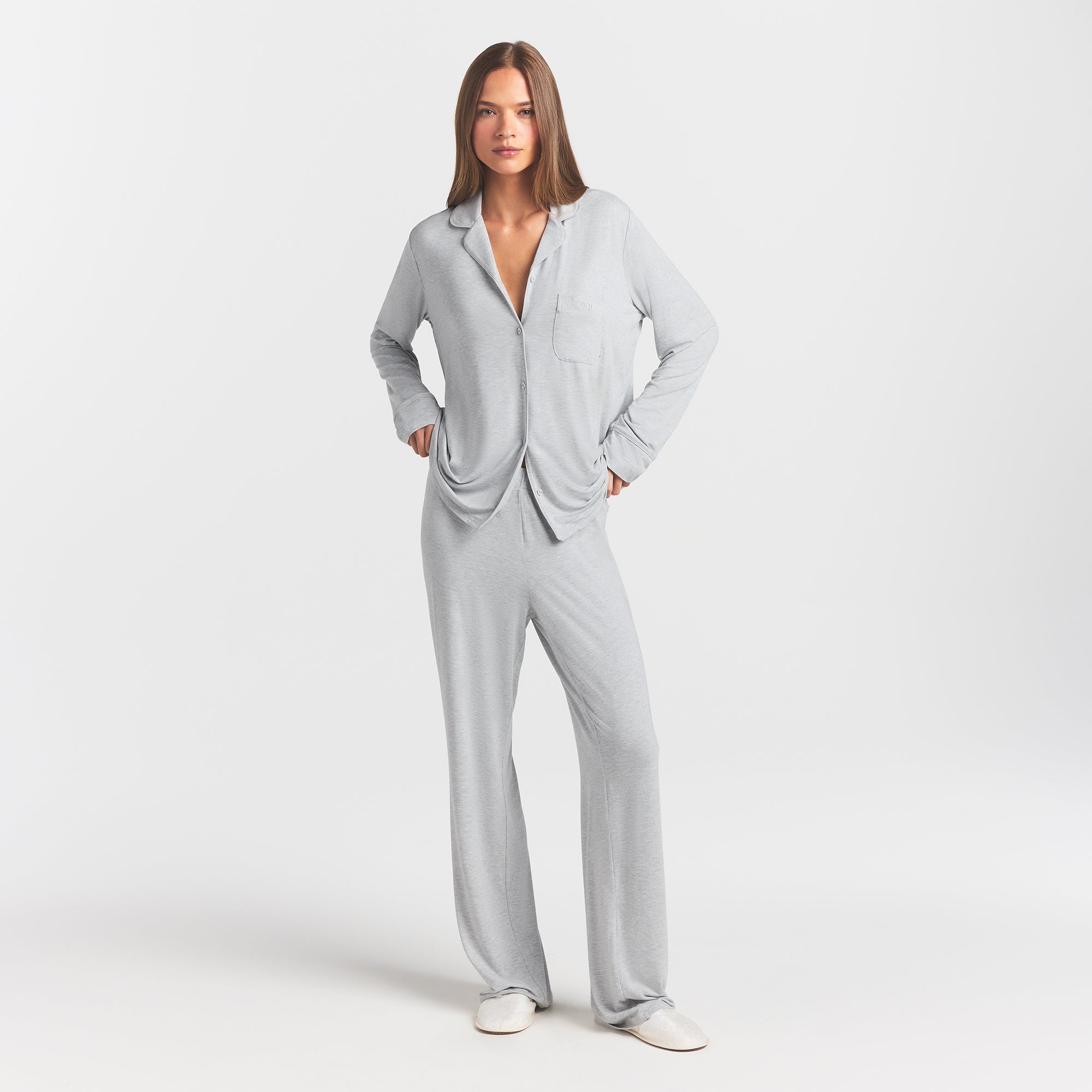SKIMS SLEEP LONG SLEEVE BUTTON UP SET | LIGHT HEATHER GREY