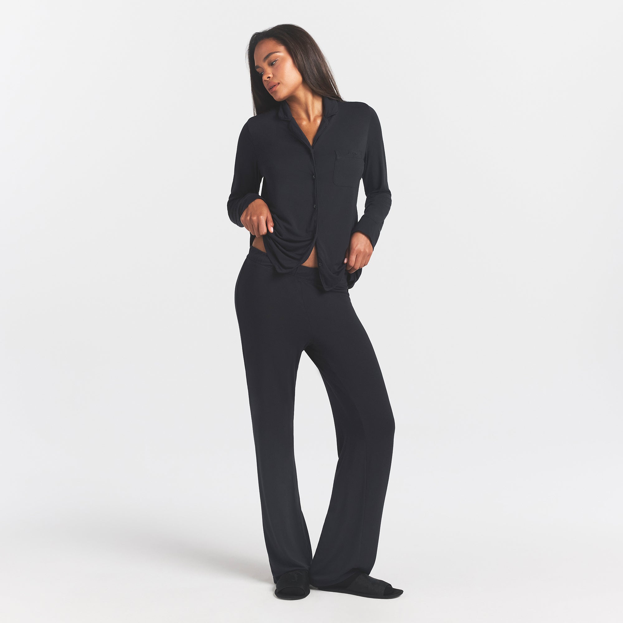 SKIMS SLEEP LONG SLEEVE BUTTON UP SET | ONYX