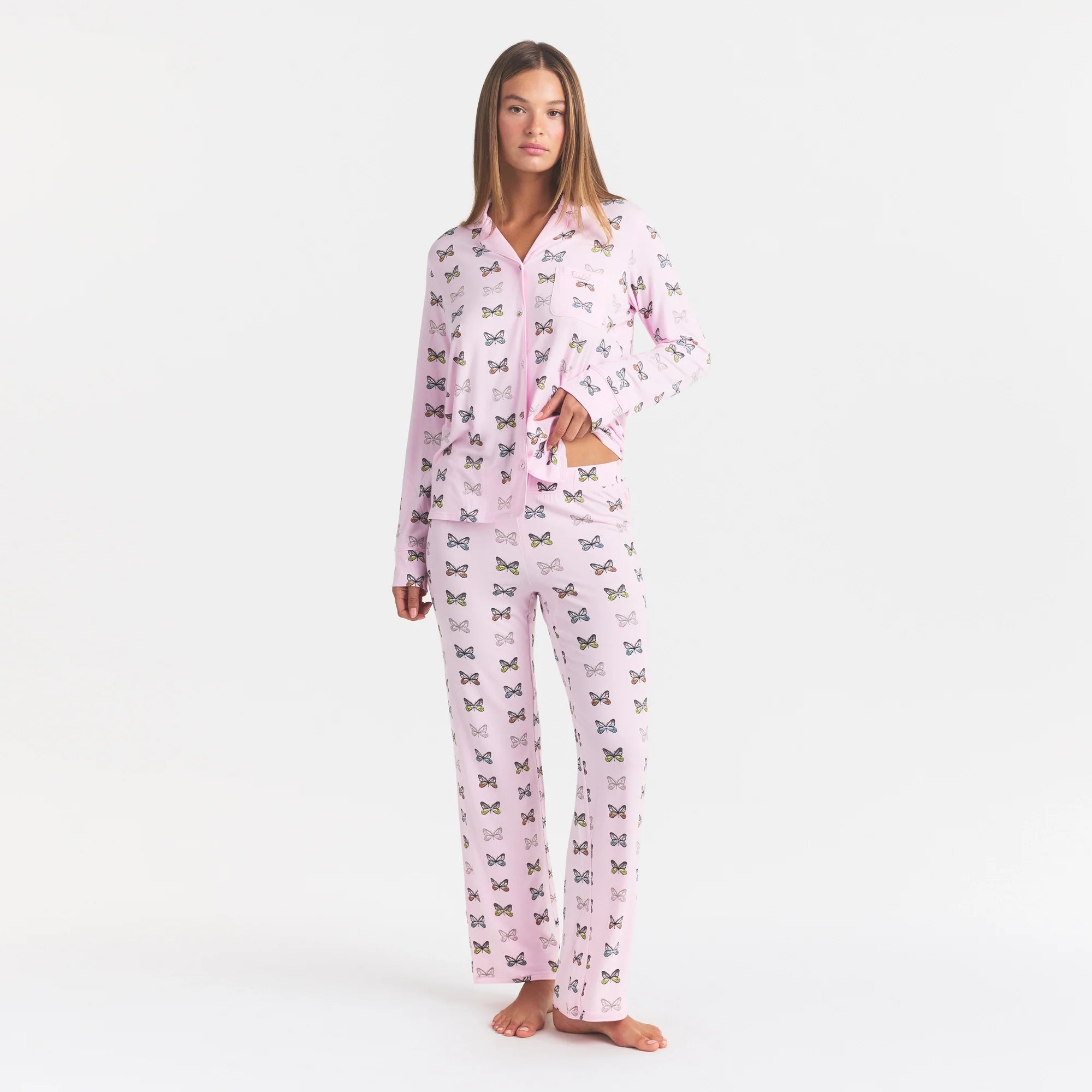 SKIMS SLEEP LONG SLEEVE BUTTON UP SET | PEONY BUTTERFLY PRINT