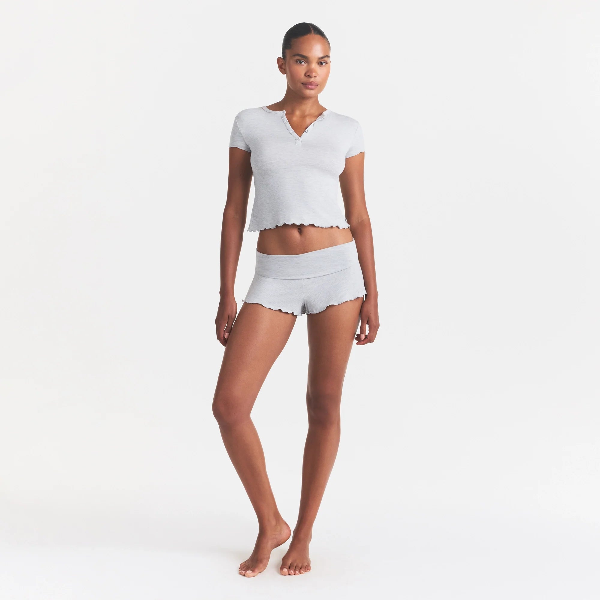 SKIMS SLEEP HENLEY AND FOLDOVER SHORT SET | LIGHT HEATHER GREY