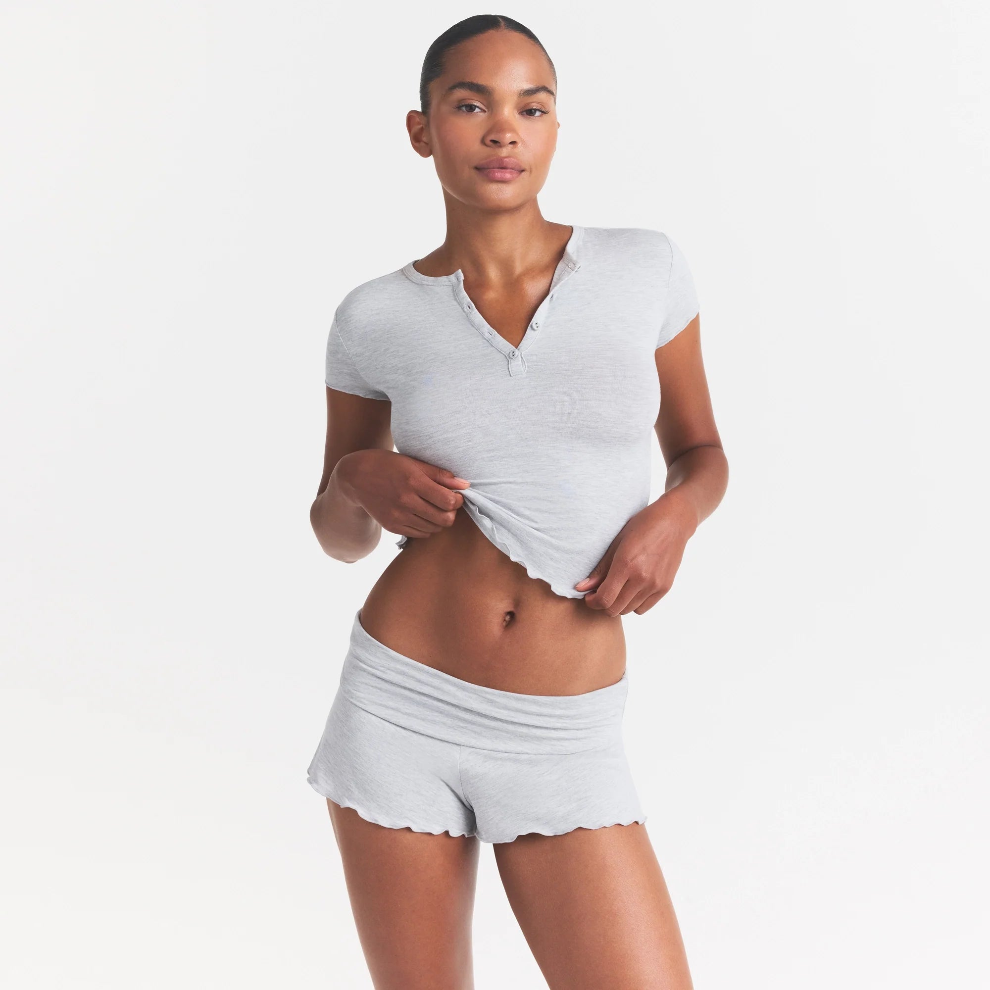 SKIMS SLEEP HENLEY AND FOLDOVER SHORT SET | LIGHT HEATHER GREY