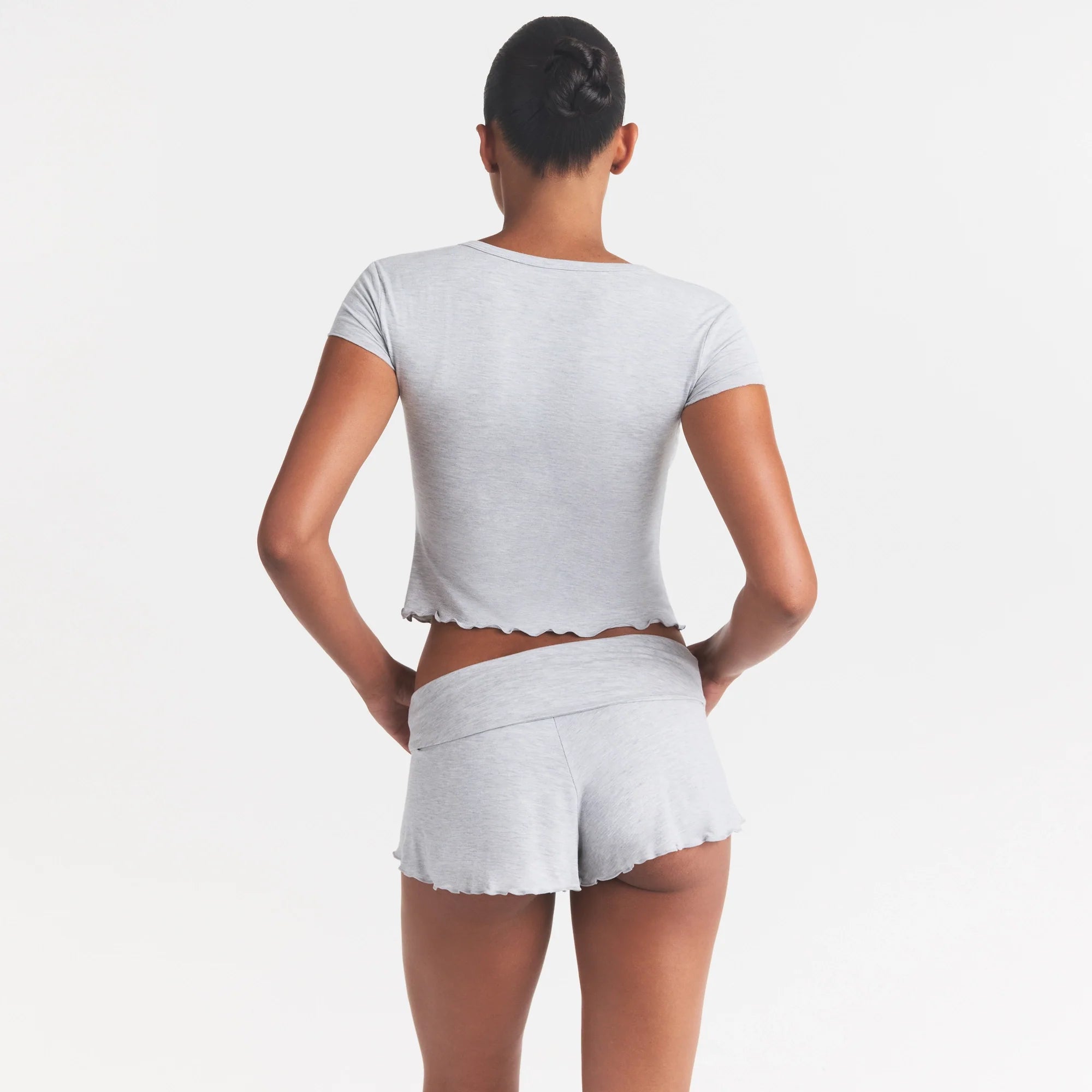 SKIMS SLEEP HENLEY AND FOLDOVER SHORT SET | LIGHT HEATHER GREY