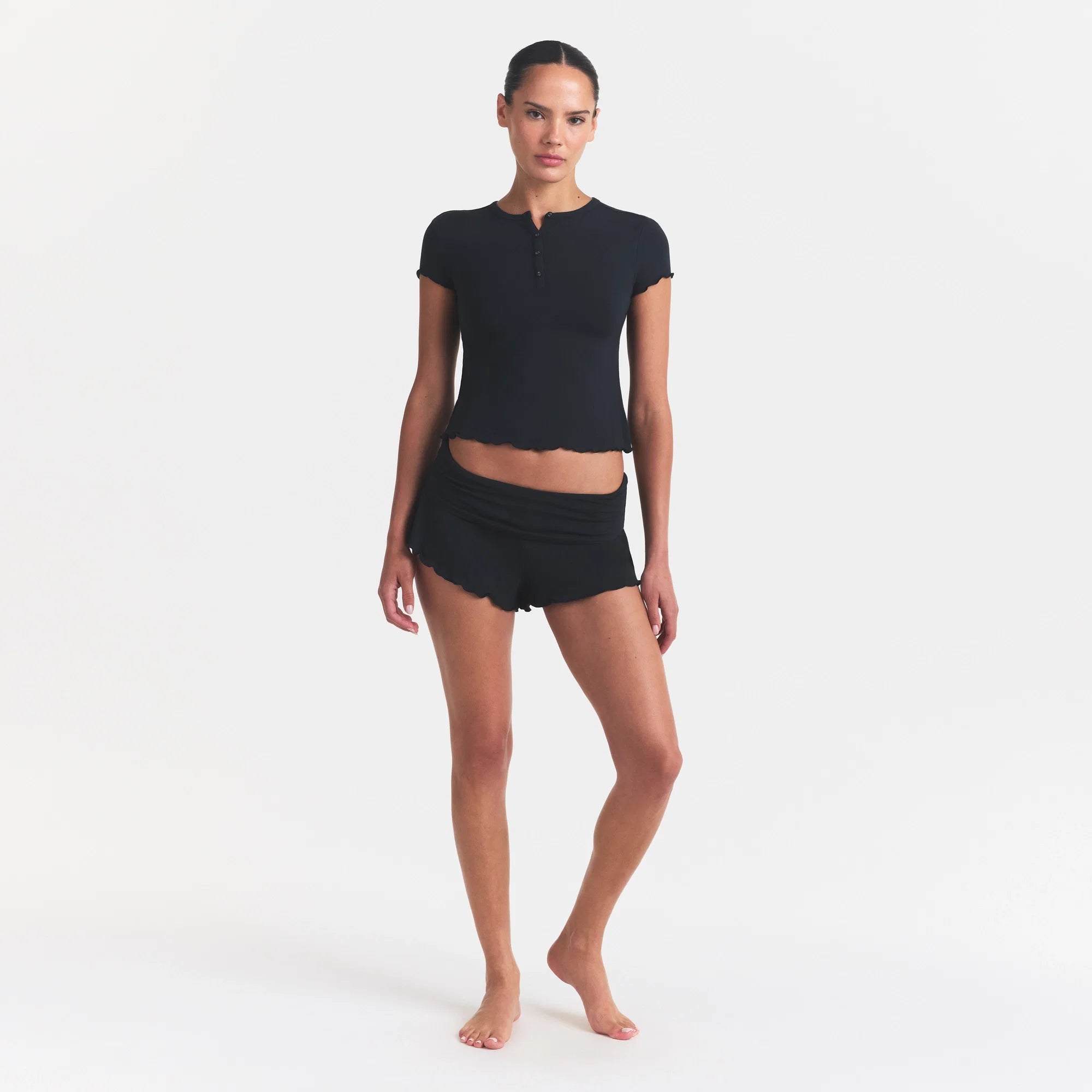 SKIMS SLEEP HENLEY AND FOLDOVER SHORT SET | ONYX
