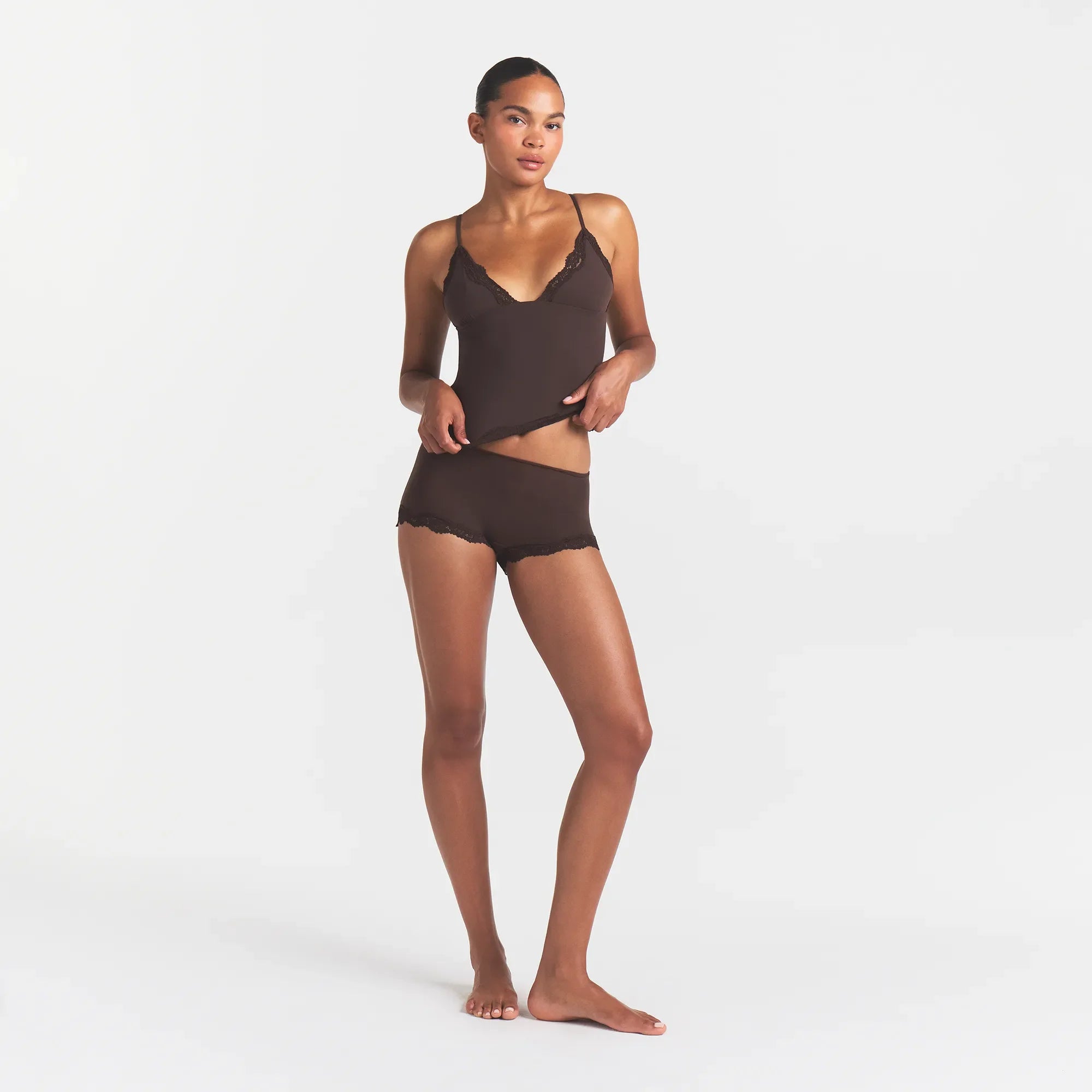 FITS EVERYBODY LACE TRIANGLE CAMI AND BOY SHORT SET | ESPRESSO