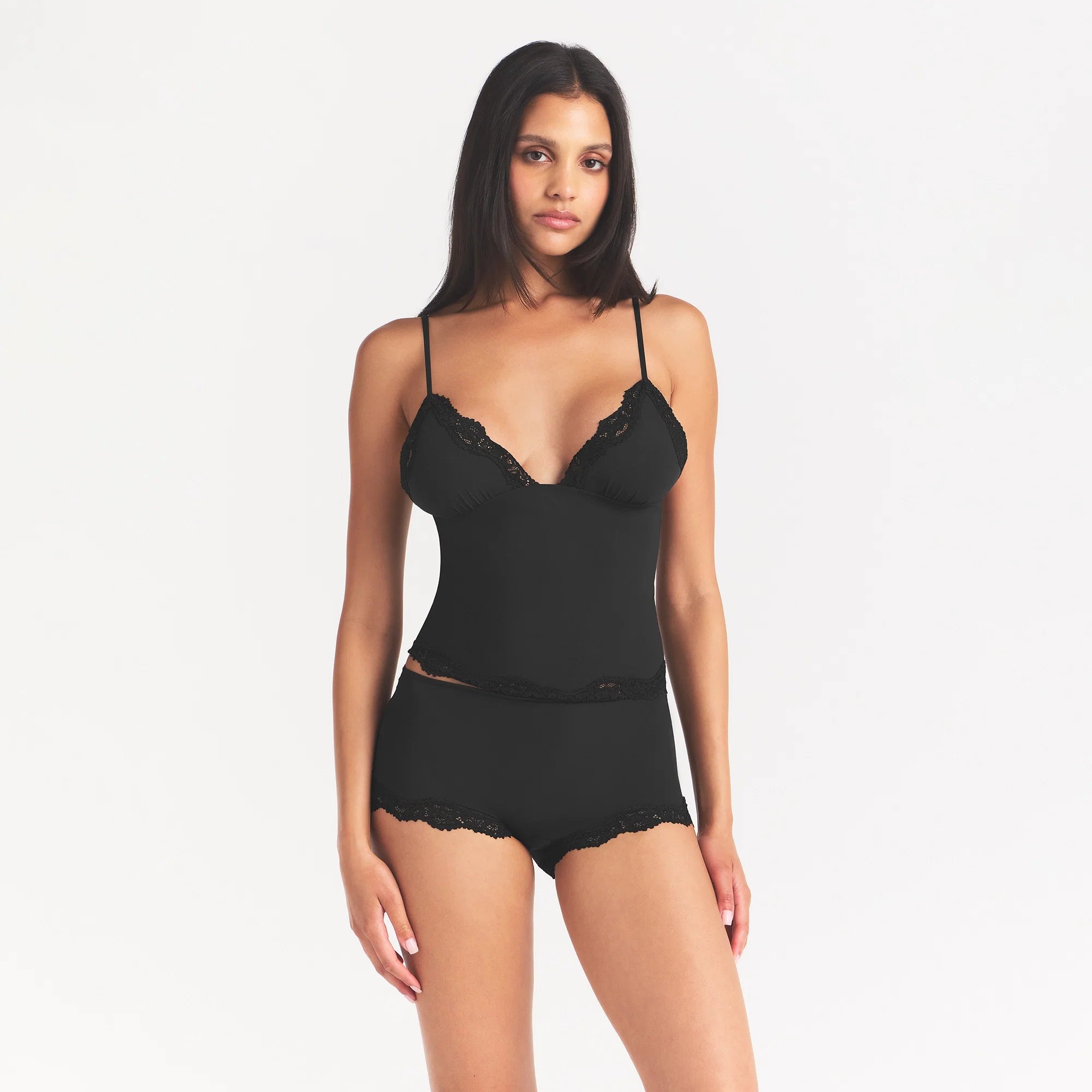 FITS EVERYBODY LACE TRIANGLE CAMI AND BOY SHORT SET | ONYX