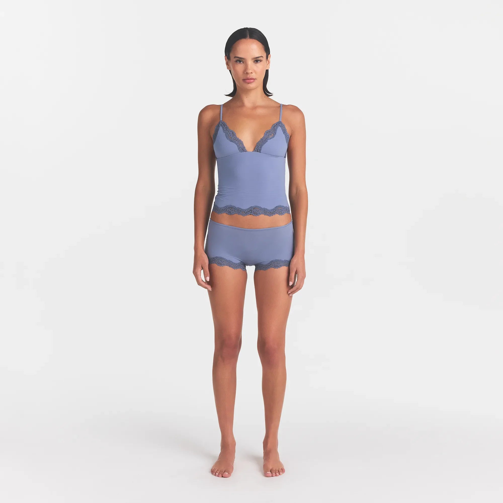 FITS EVERYBODY LACE TRIANGLE CAMI AND BOY SHORT SET | SLATE TONAL