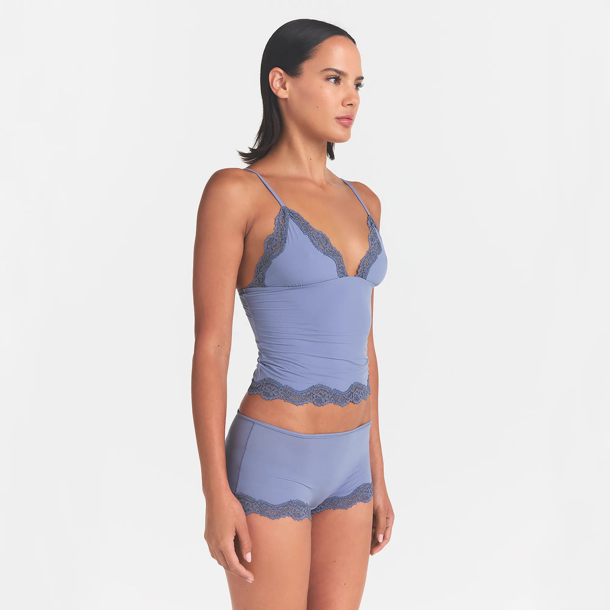 FITS EVERYBODY LACE TRIANGLE CAMI AND BOY SHORT SET | SLATE TONAL