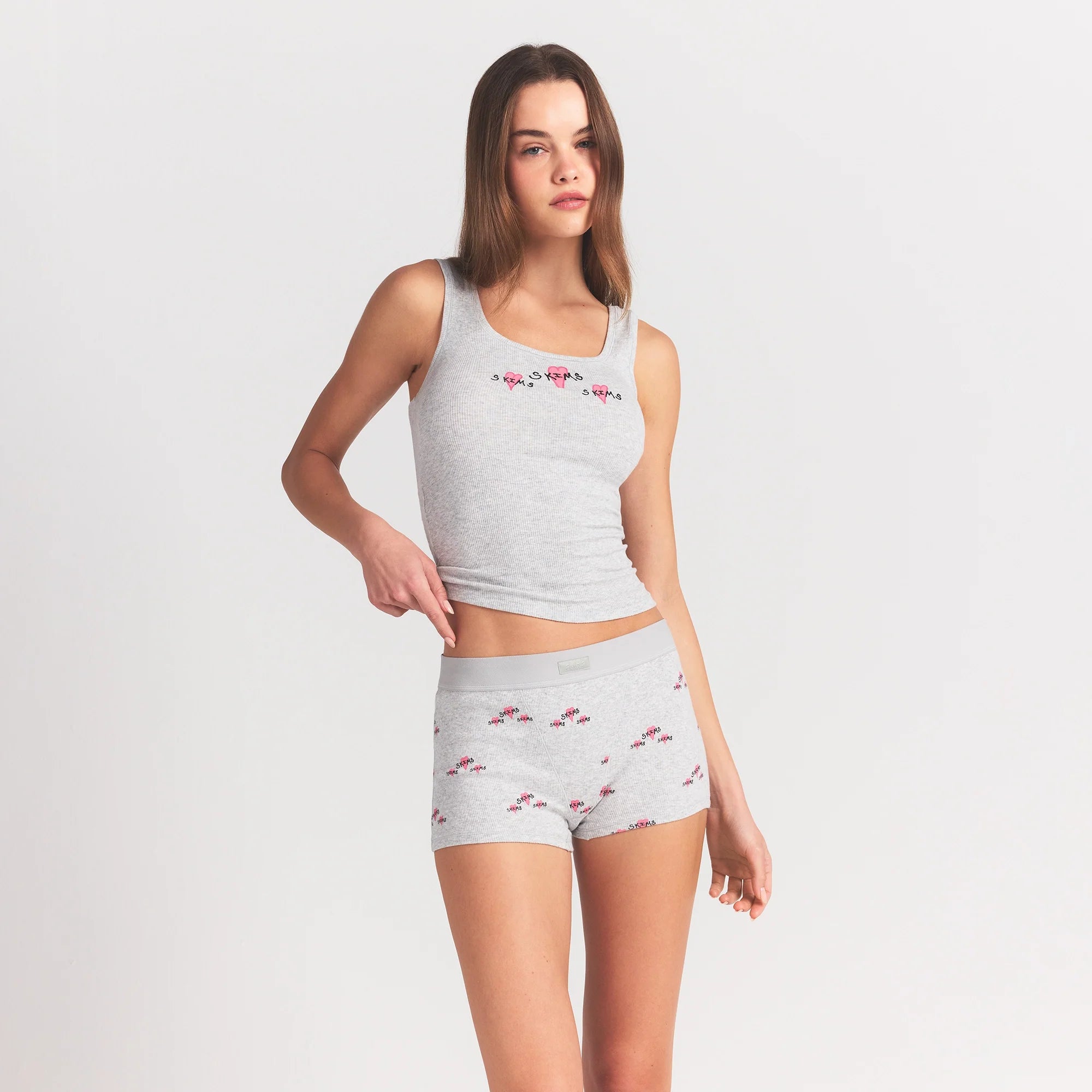 COTTON RIB TANK AND SHORT SET | LIGHT HEATHER GREY TRIPLE HEARTS
