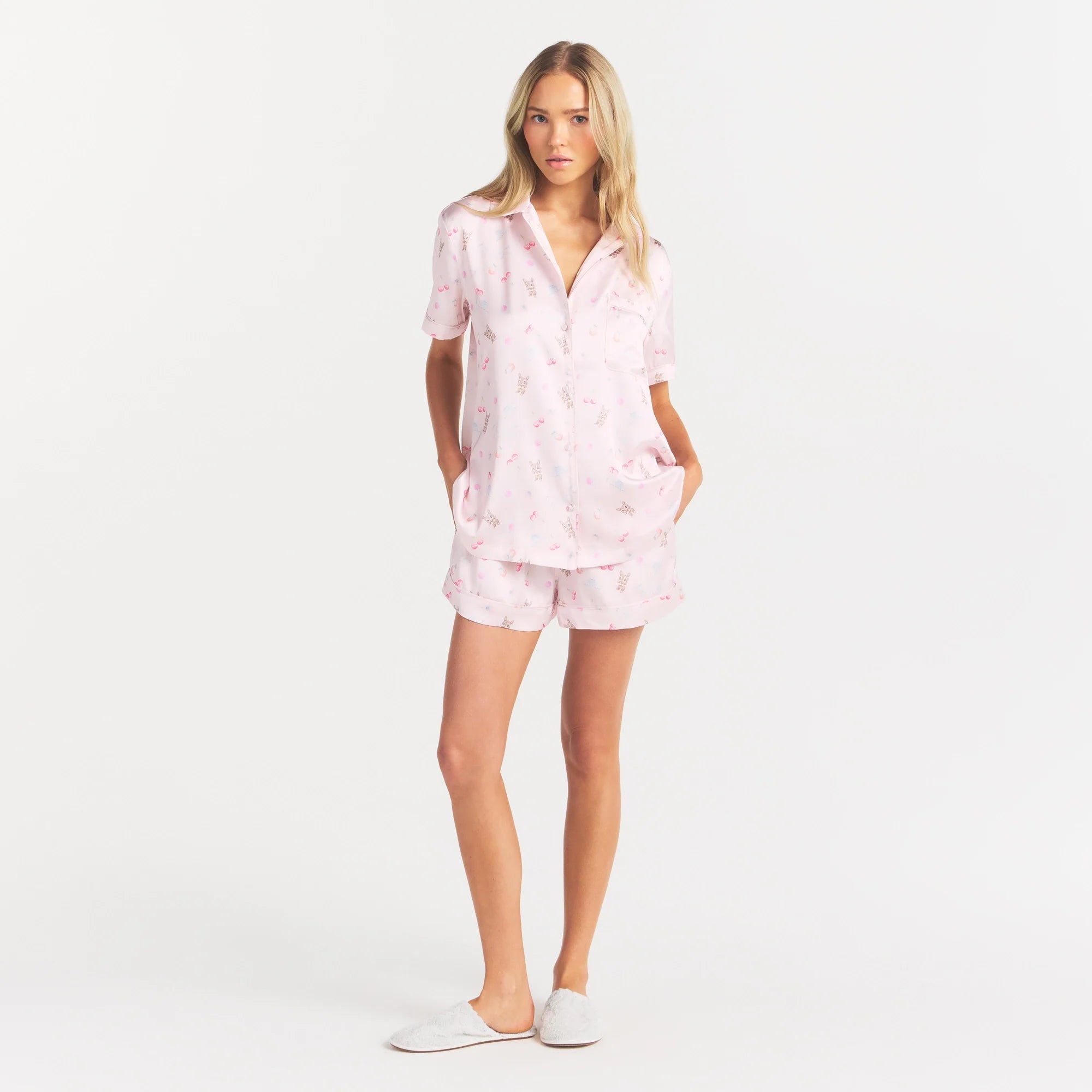 WOVEN SHINE SHORT SLEEP SET | BARELY PINK SNACK BAG