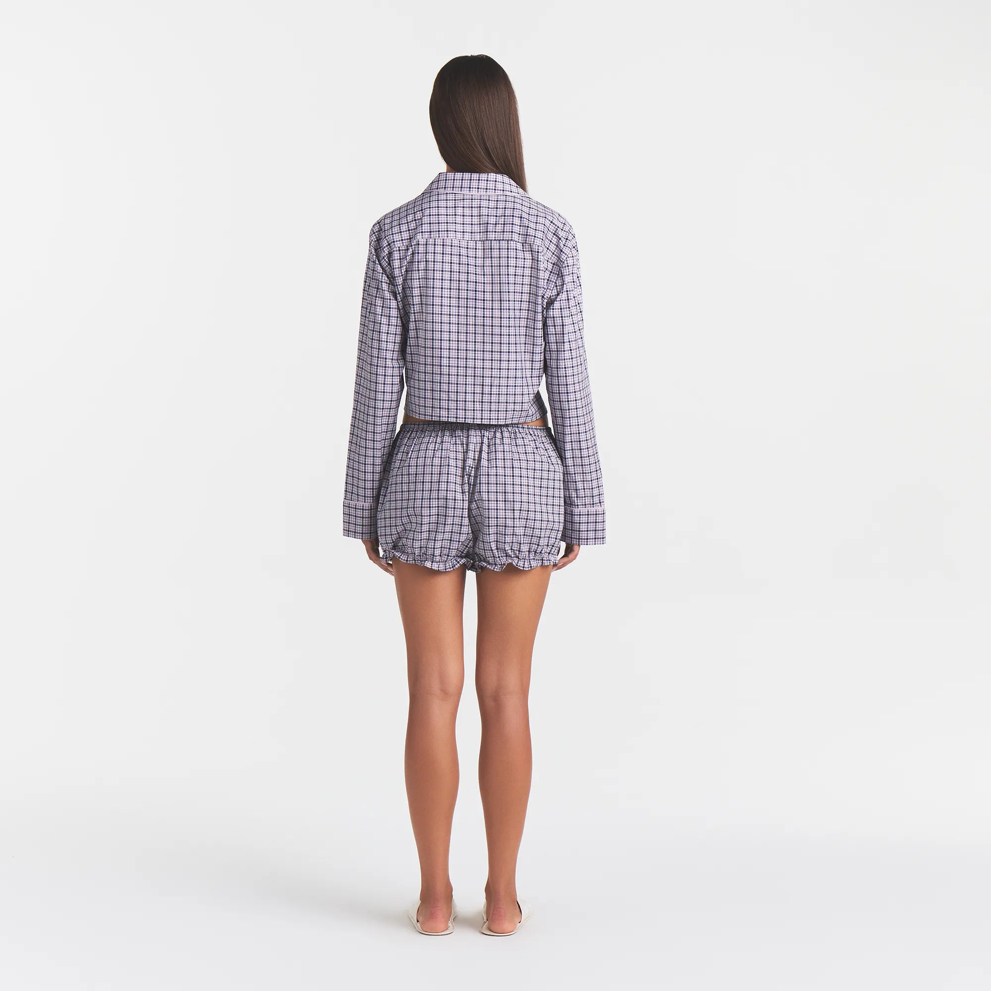 COTTON POPLIN SLEEP CROPPED BUTTON UP AND BLOOMER SET | IRIS MICA NAVY CHECK