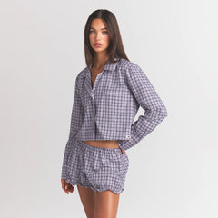 COTTON POPLIN SLEEP CROPPED BUTTON UP AND BLOOMER SET | IRIS MICA NAVY CHECK