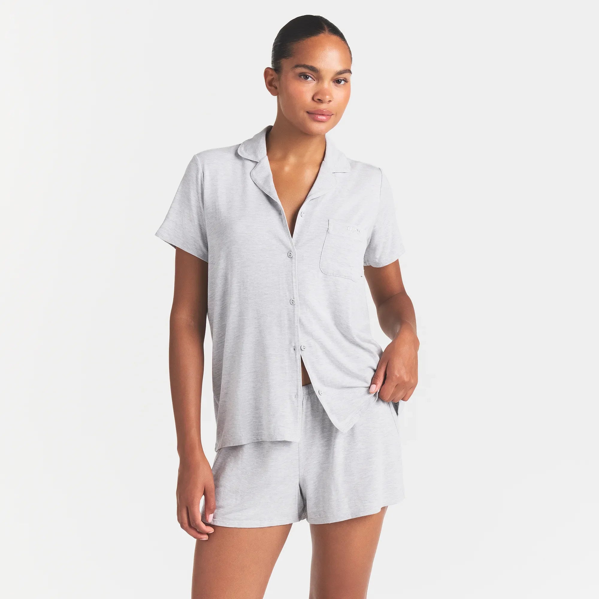 SKIMS SLEEP SHORT SLEEVE BUTTON UP SET | LIGHT HEATHER GREY