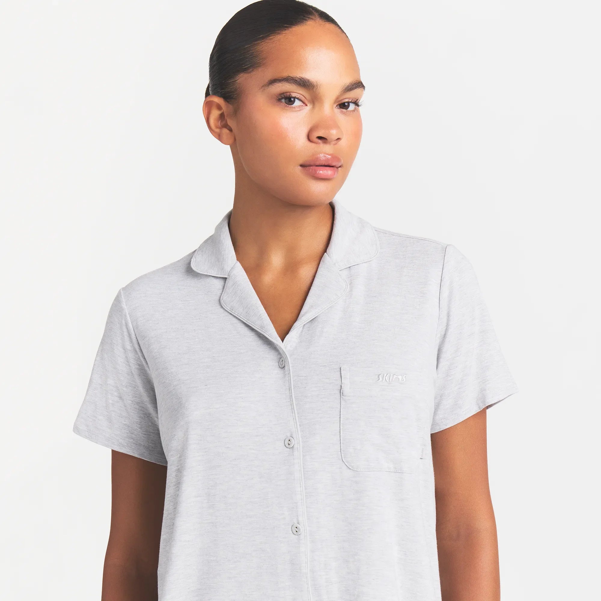 SKIMS SLEEP SHORT SLEEVE BUTTON UP SET | LIGHT HEATHER GREY