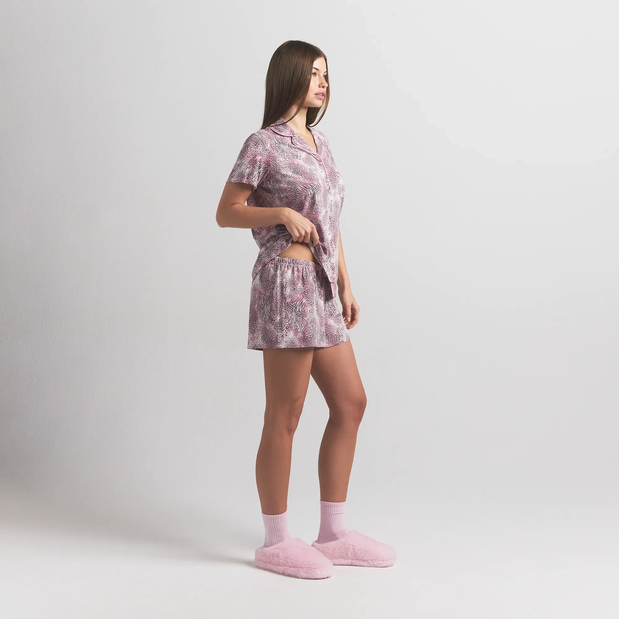 SKIMS SLEEP SHORT SLEEVE BUTTON UP SET | BLOOM MINI MULTI ANIMAL