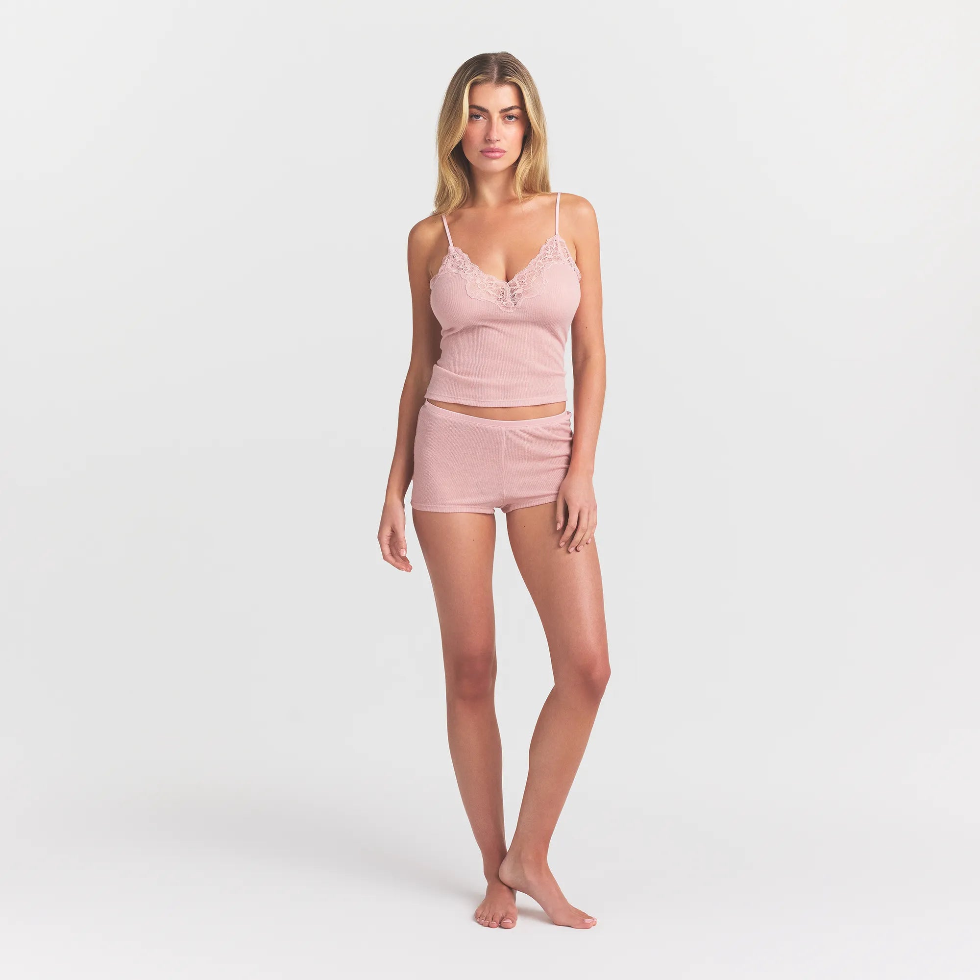 SHEER RIB LACE CAMI AND SHORT SET | MORGANITE