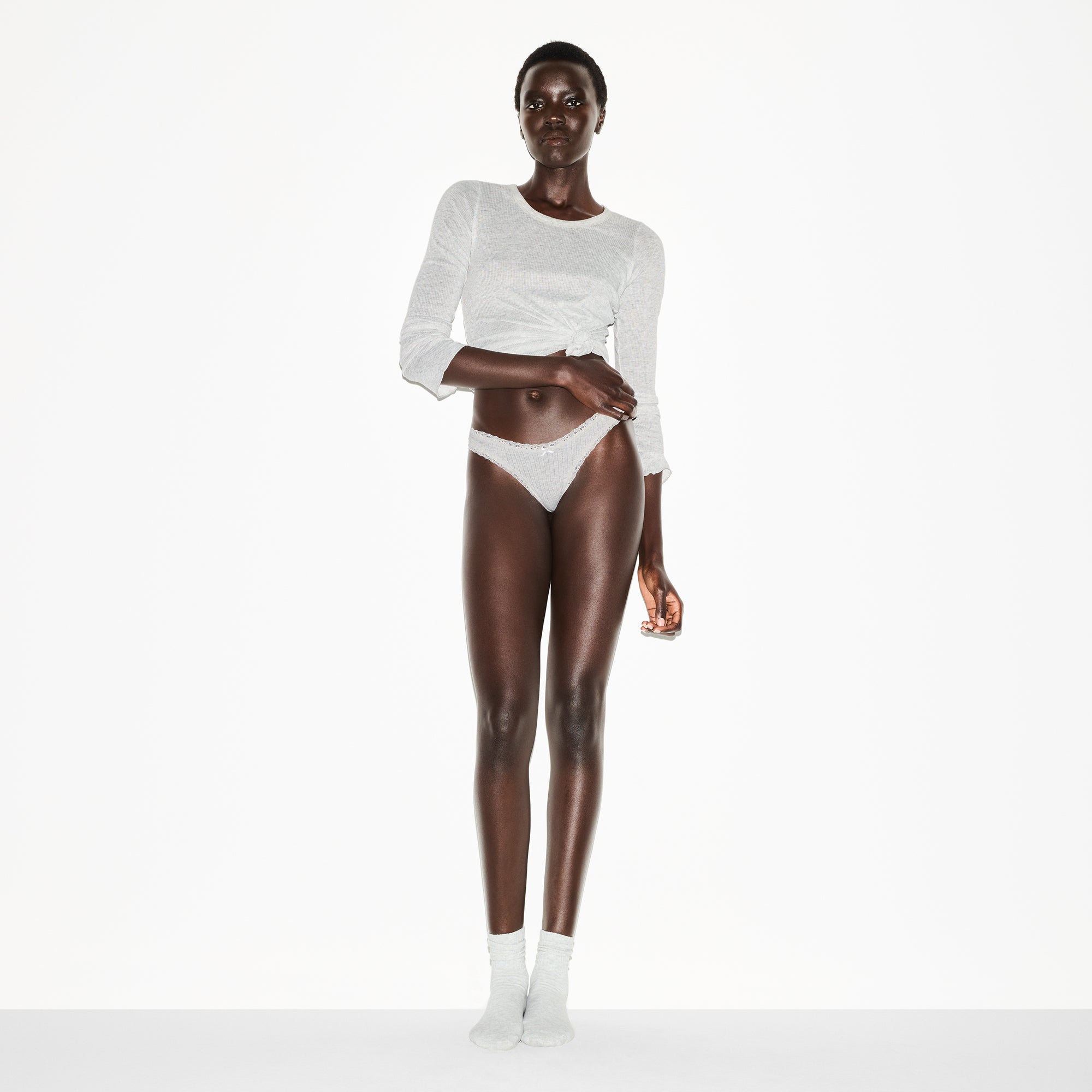 LIGHTWEIGHT COTTON POINTELLE LACE THONG | LIGHT HEATHER GREY