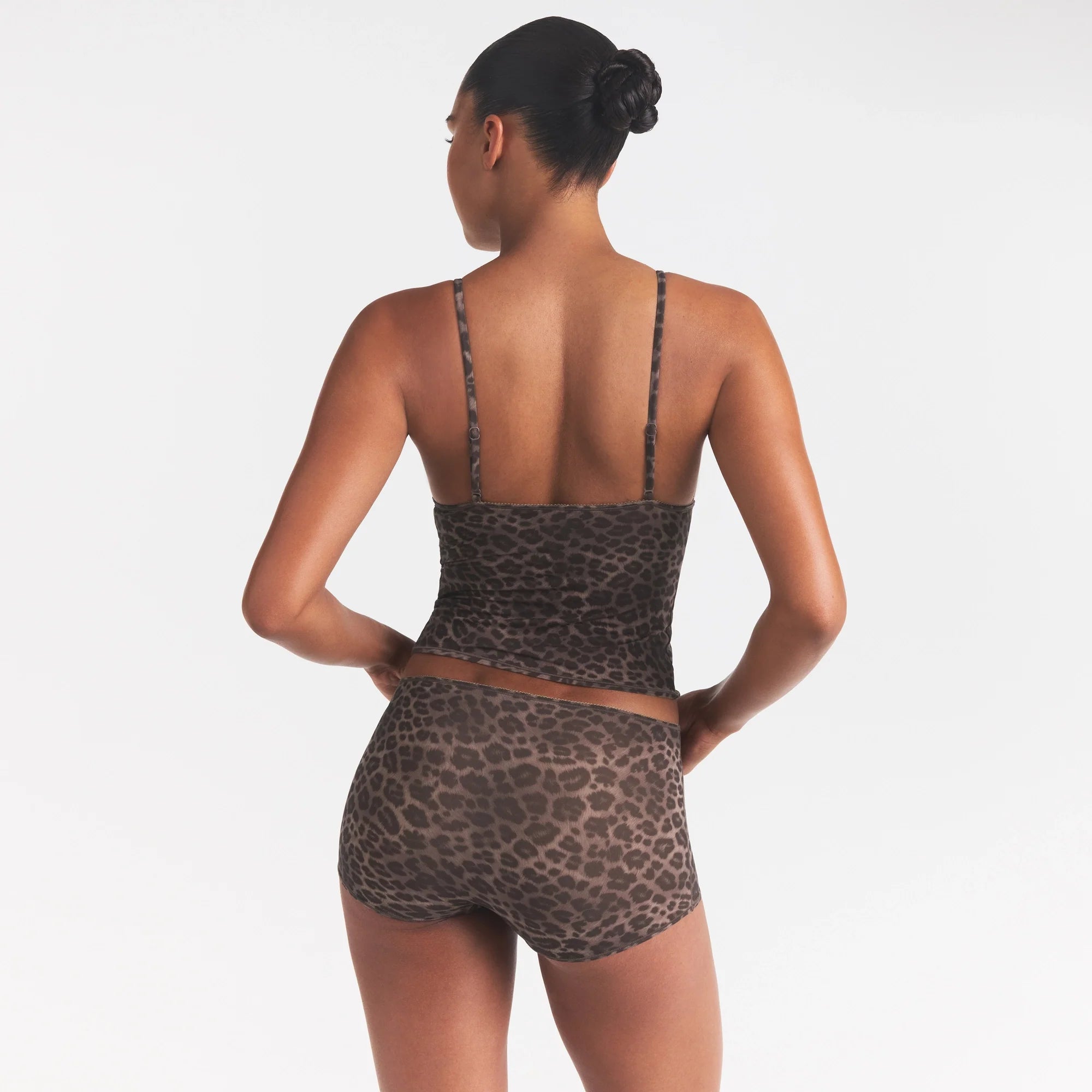 FITS EVERYBODY PICOT CAMI AND BOY SHORT SET | UMBER LEOPARD PRINT