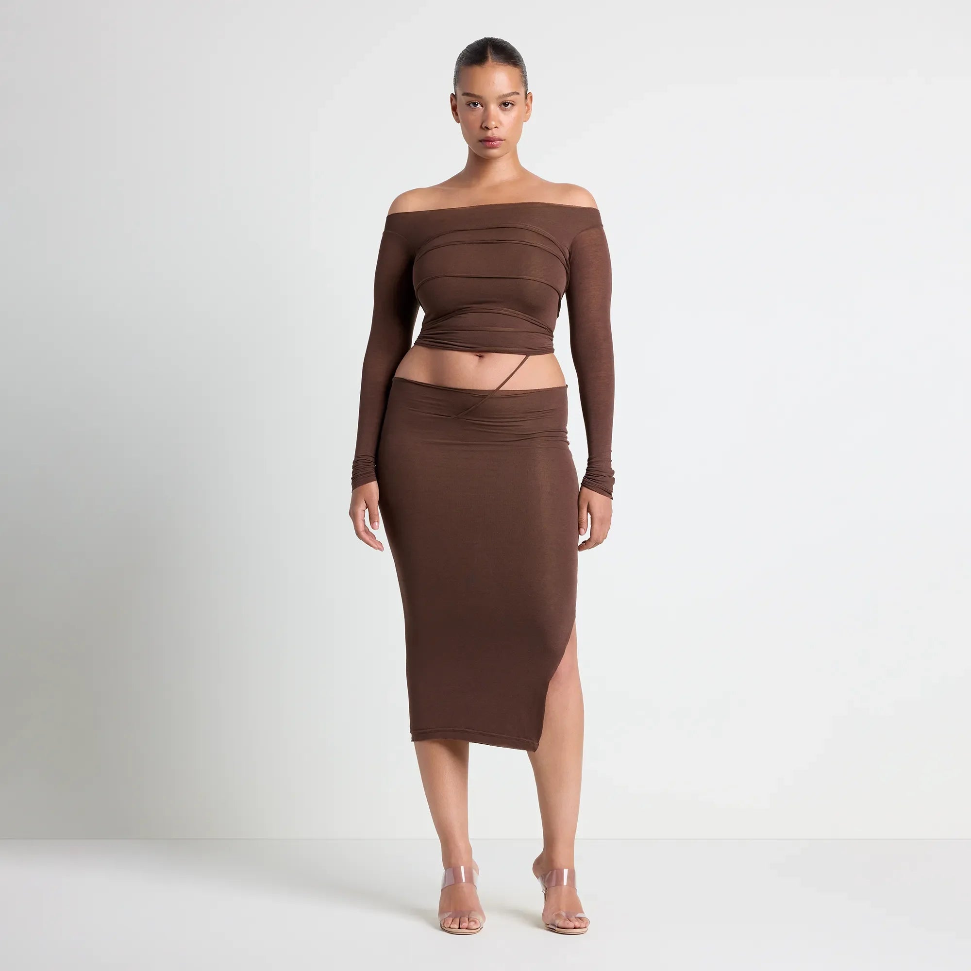 VETTESE X SKIMS SHEER MODAL OFF THE SHOULDER TOP | COCOA