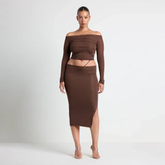 VETTESE X SKIMS SHEER MODAL OFF THE SHOULDER TOP | COCOA