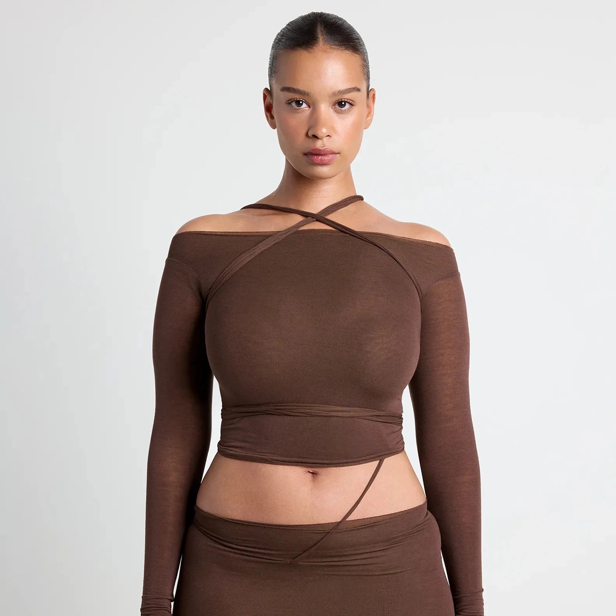 VETTESE X SKIMS SHEER MODAL OFF THE SHOULDER TOP | COCOA