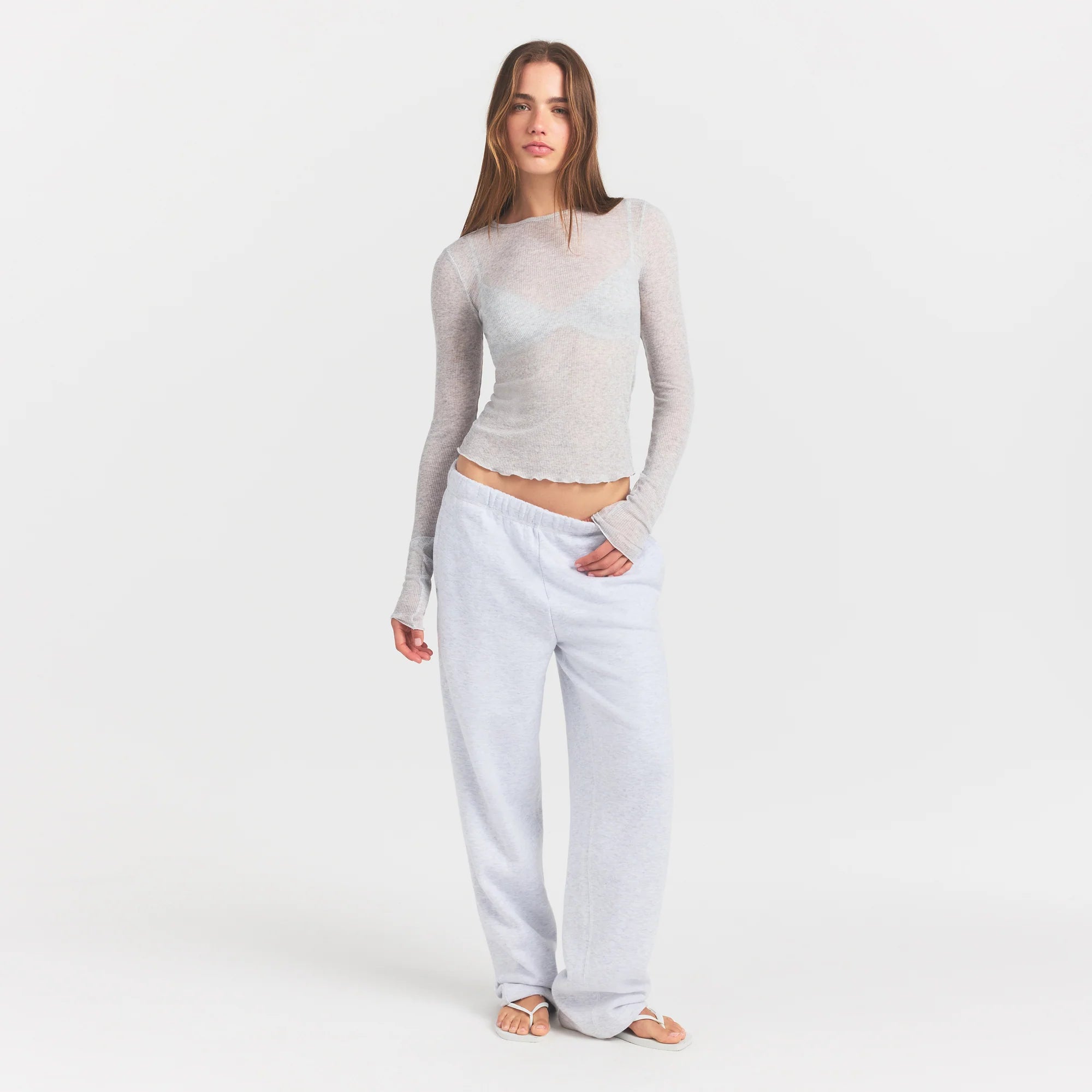 SHEER RIB LONG SLEEVE TOP | LIGHT HEATHER GREY
