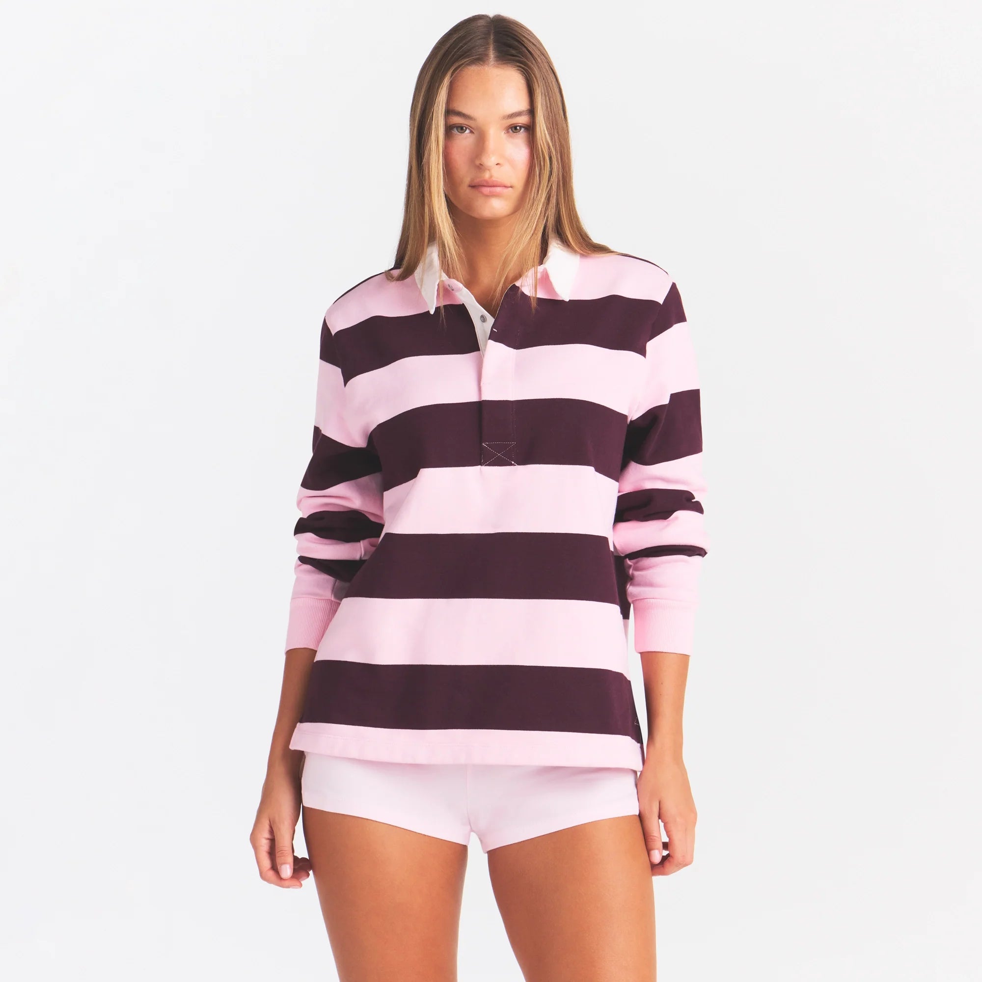 BOYFRIEND FLEECE OVERSIZED POLO | CURRANT RUGBY STRIPE