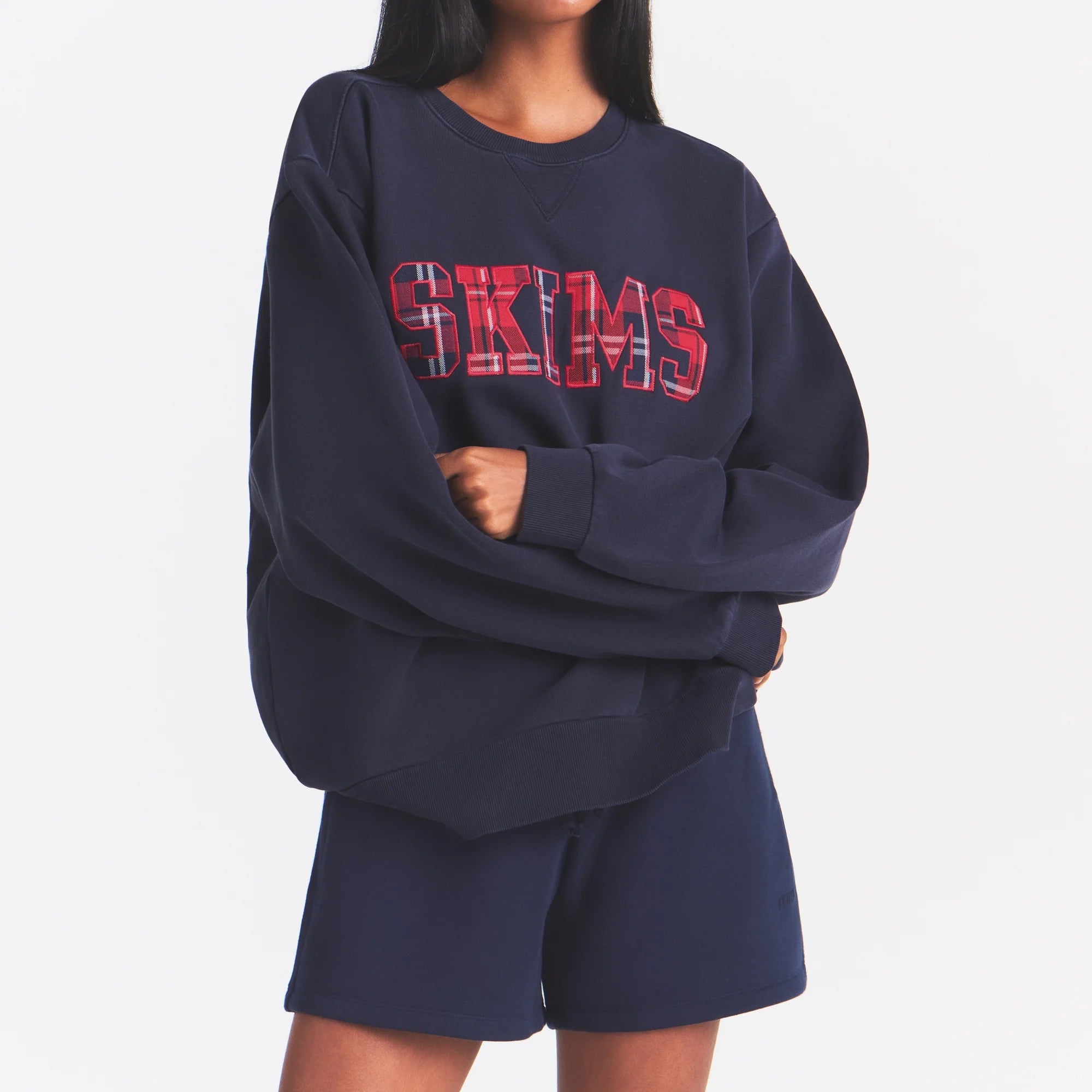 BOYFRIEND FLEECE OVERSIZED CREWNECK | BLUE BLACK SKIMS PLAID