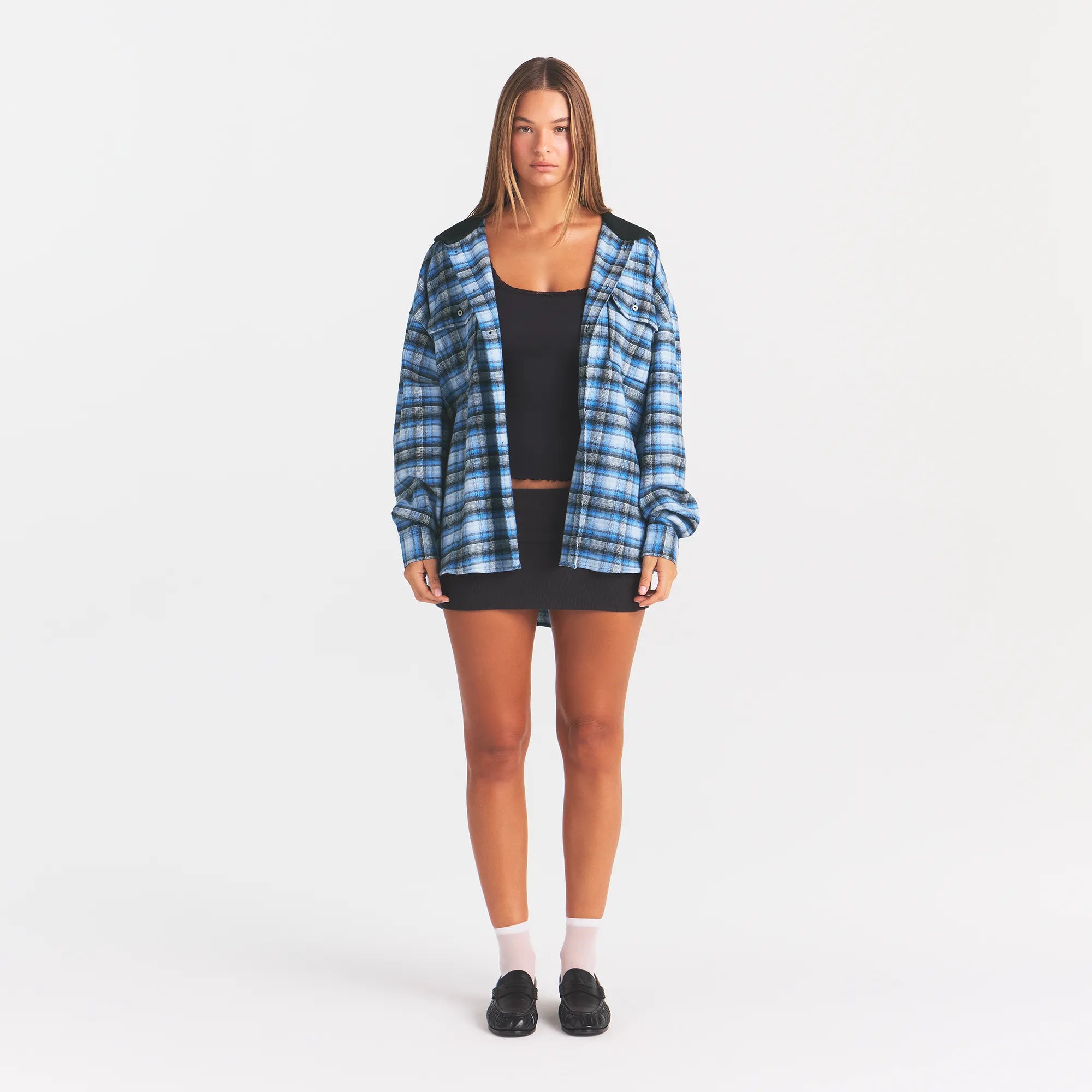 OUTDOOR FLANNEL OVERSIZED HOODED SHIRT | AZURE PLAID