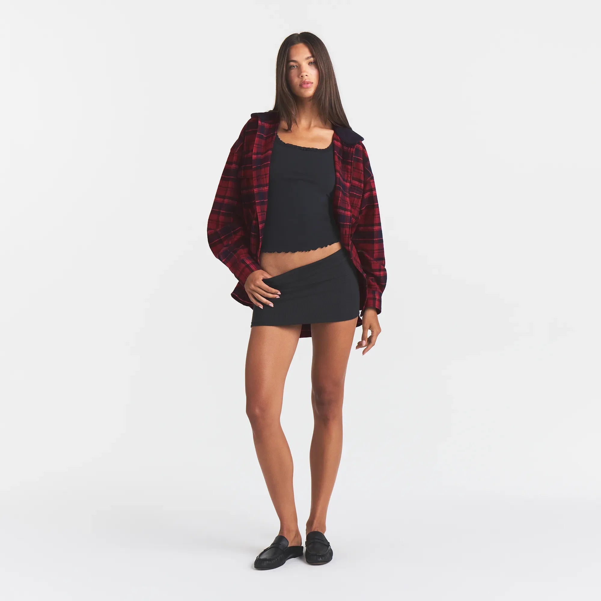 OUTDOOR FLANNEL OVERSIZED HOODED SHIRT | MERLOT CABIN PLAID