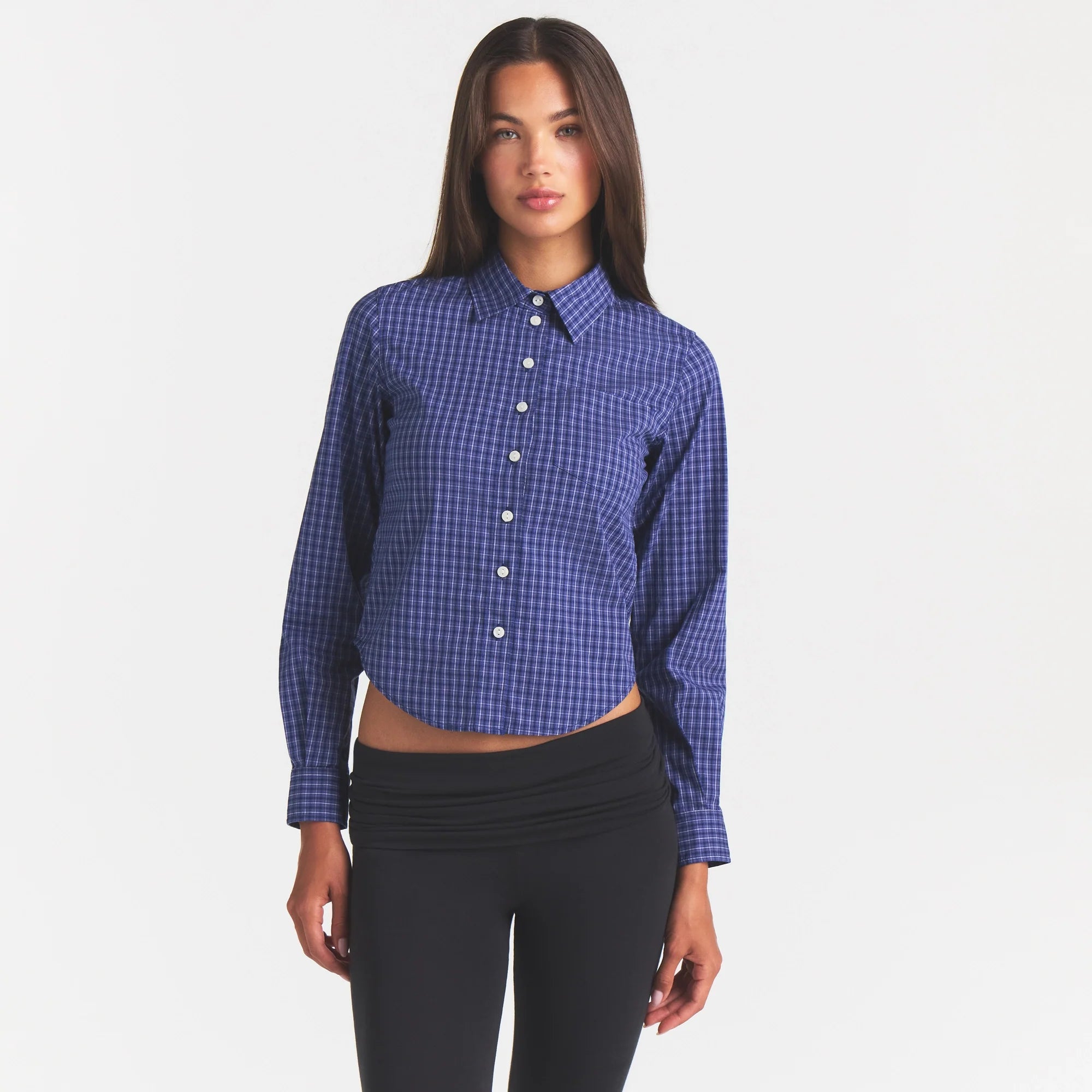 COTTON POPLIN SHRUNKEN BUTTON UP SHIRT | NAVY CHECK