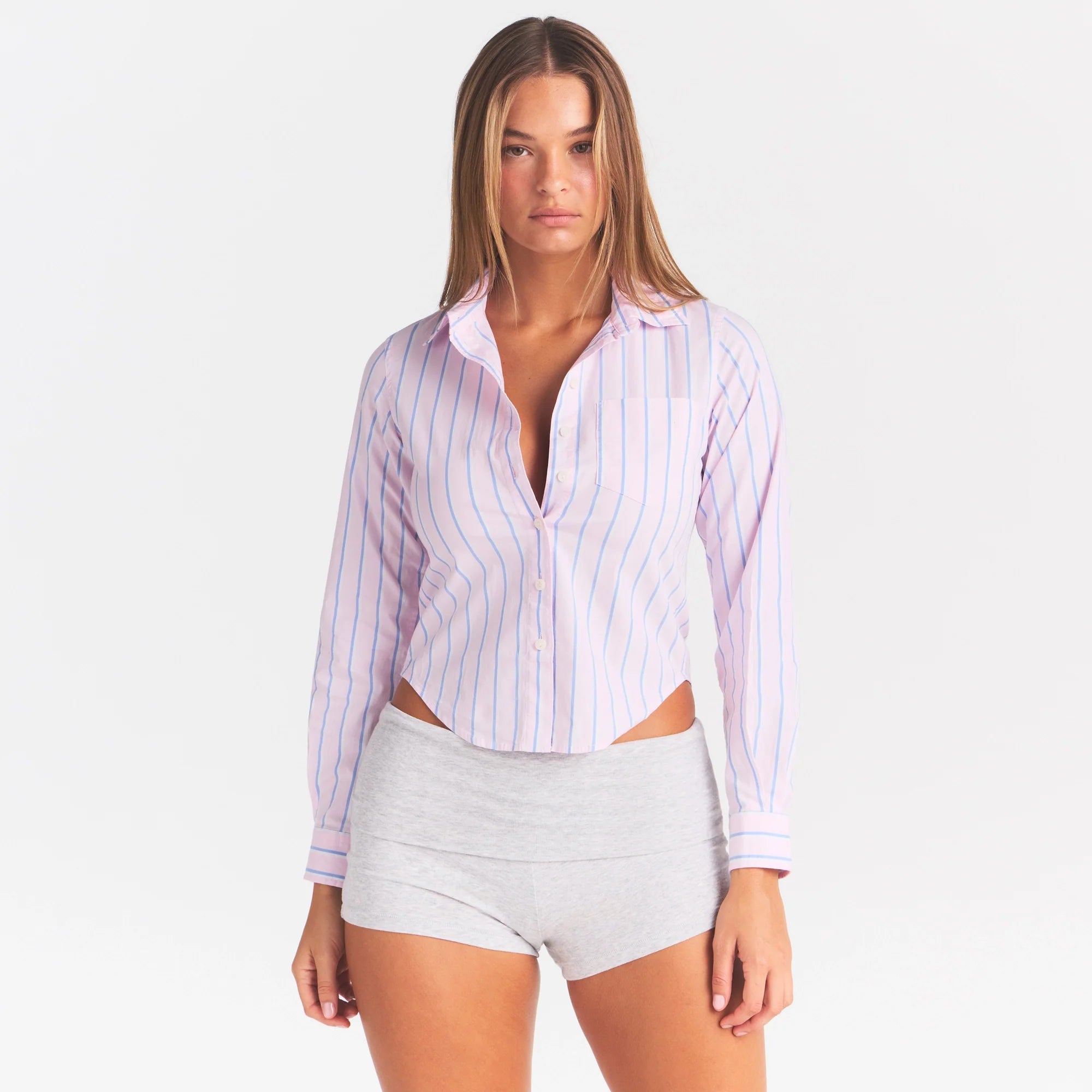 COTTON POPLIN SHRUNKEN BUTTON UP SHIRT | PINK TULLE WIDE STRIPE